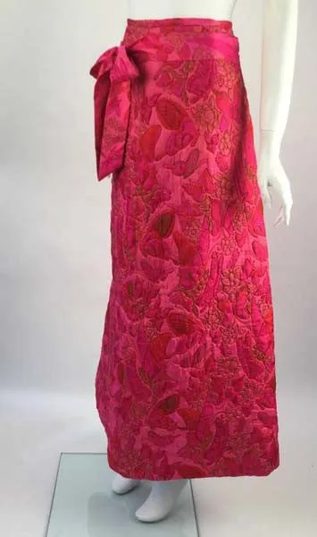 1970s Thai Silk Pink Butterfly Quilted Maxi Skirt