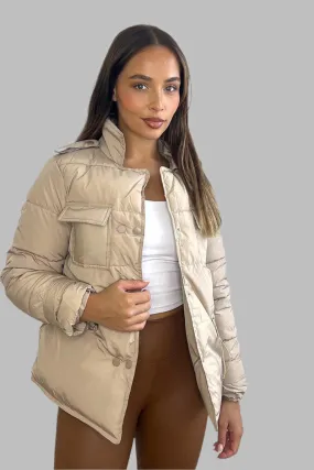 Beige Utility Pockets Short Puffer Bomber Jacket