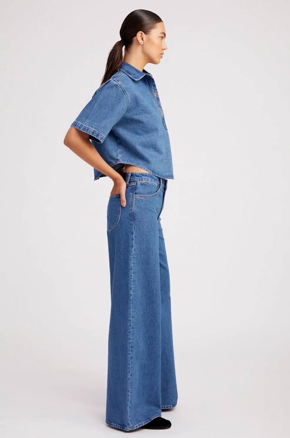 Coco Denim Cropped Oversized Henley Shirt