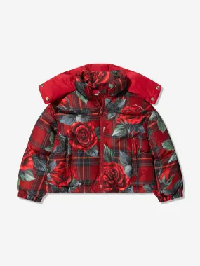 Dolce & Gabbana Girls Tartan Rose Puffer Jacket in Red