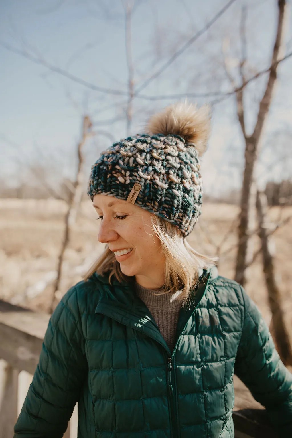 Forest Green Speckle Merino Wool Knit Hat with Faux Fur Pom Pom - Hand-Dyed Yarn