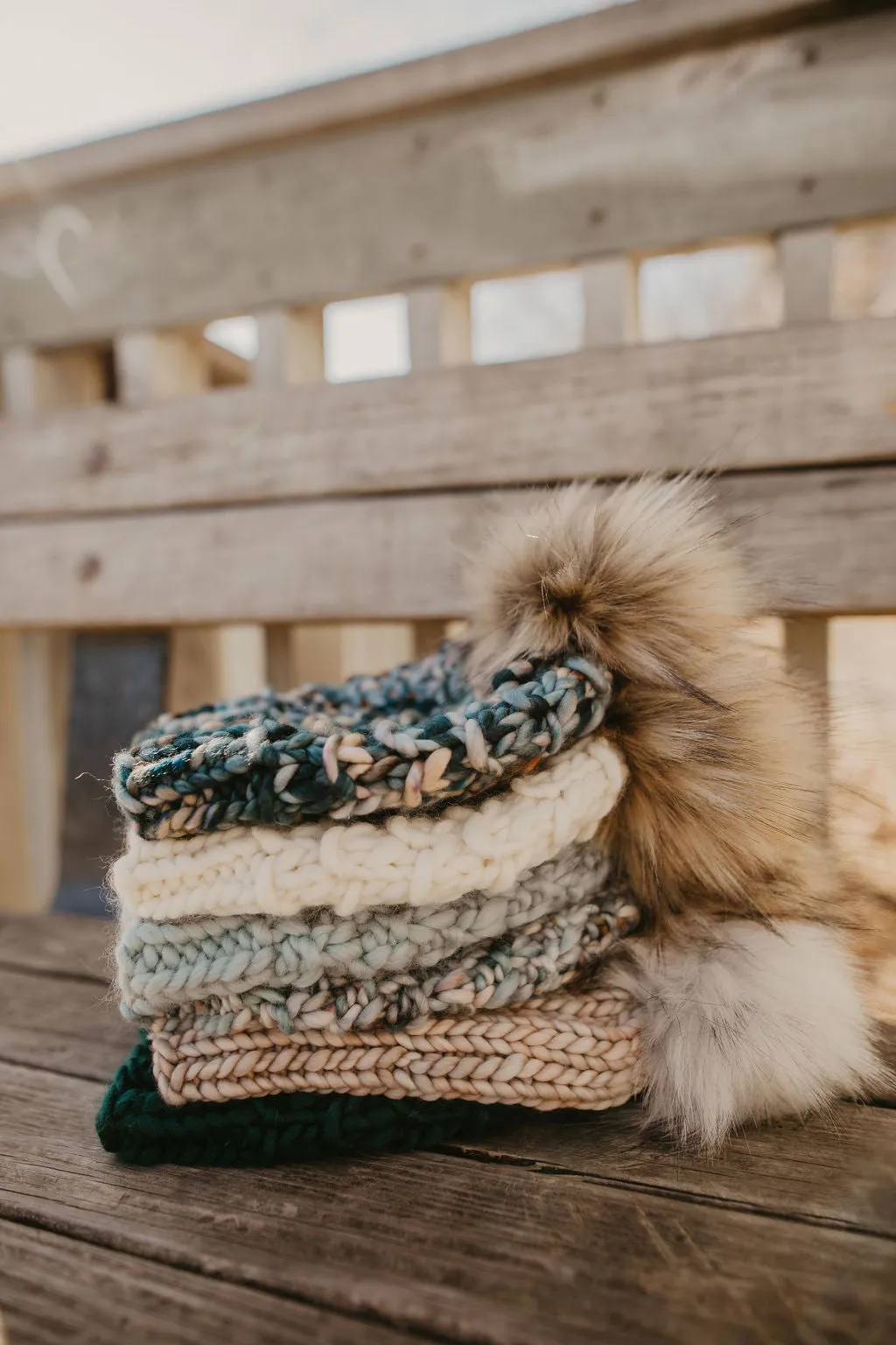 Forest Green Speckle Merino Wool Knit Hat with Faux Fur Pom Pom - Hand-Dyed Yarn