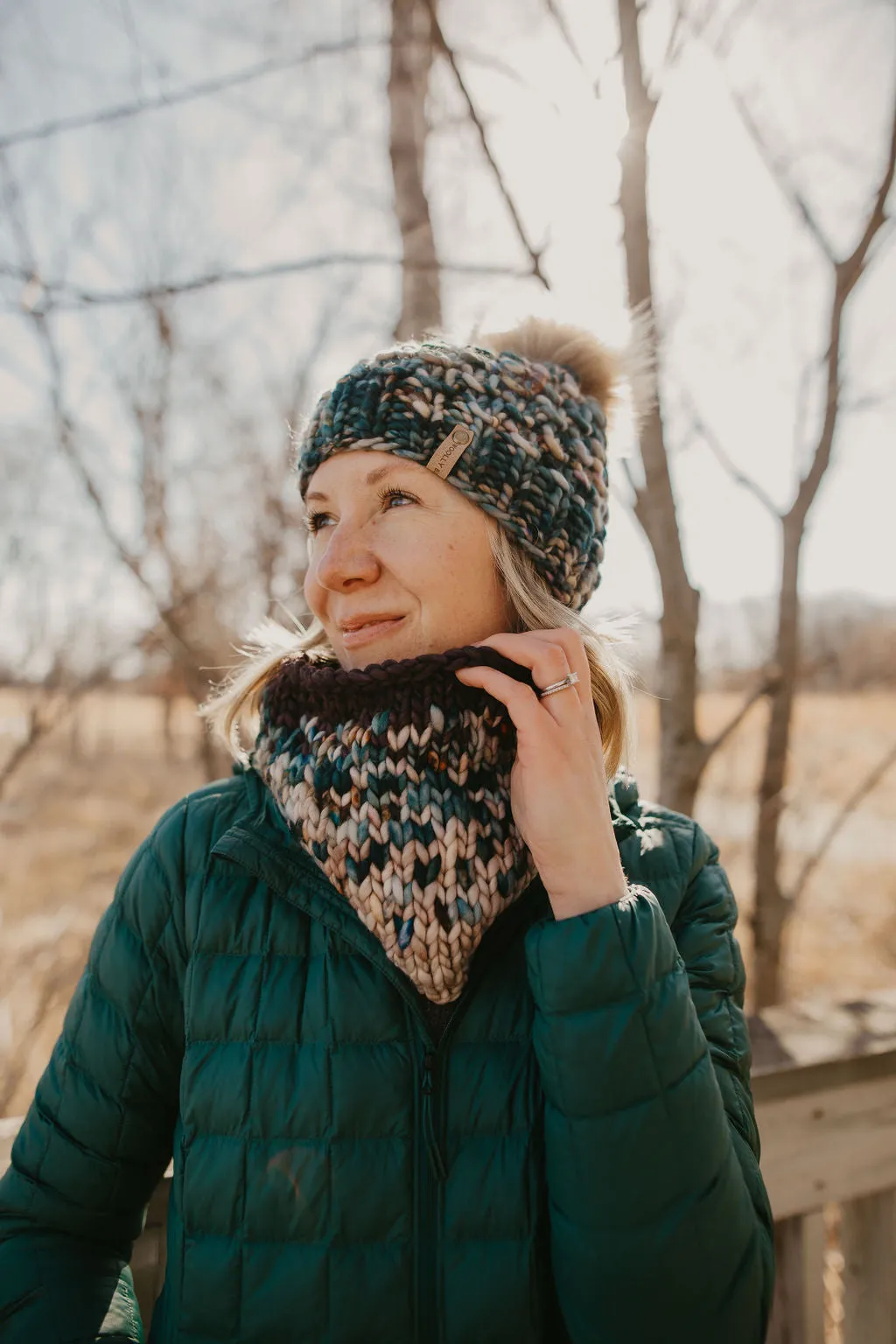 Forest Green Speckle Merino Wool Knit Hat with Faux Fur Pom Pom - Hand-Dyed Yarn