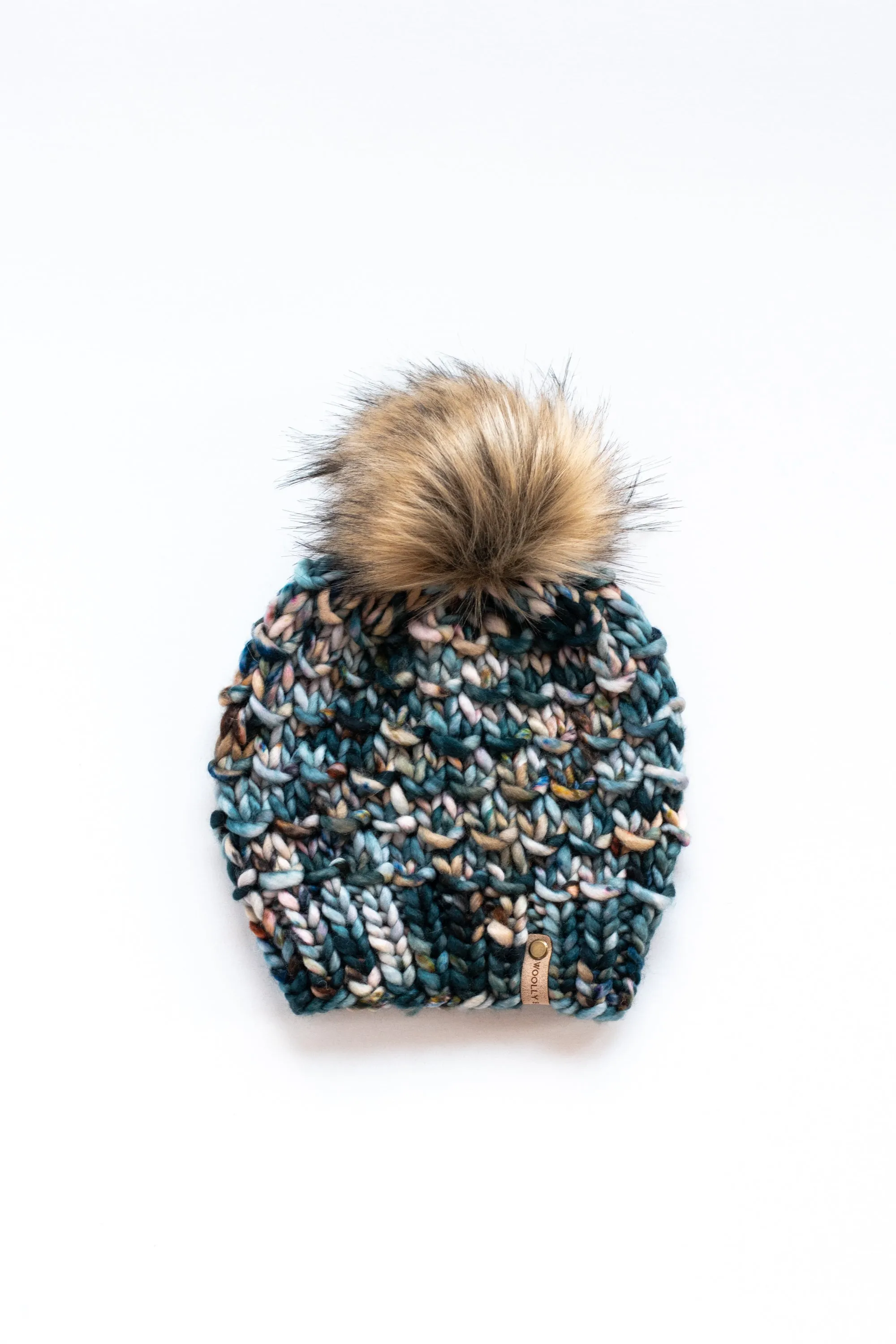 Forest Green Speckle Merino Wool Knit Hat with Faux Fur Pom Pom - Hand-Dyed Yarn