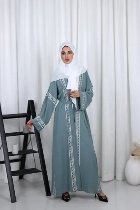 Four Piece Aztec Embroidered Open Abaya - Mint And White