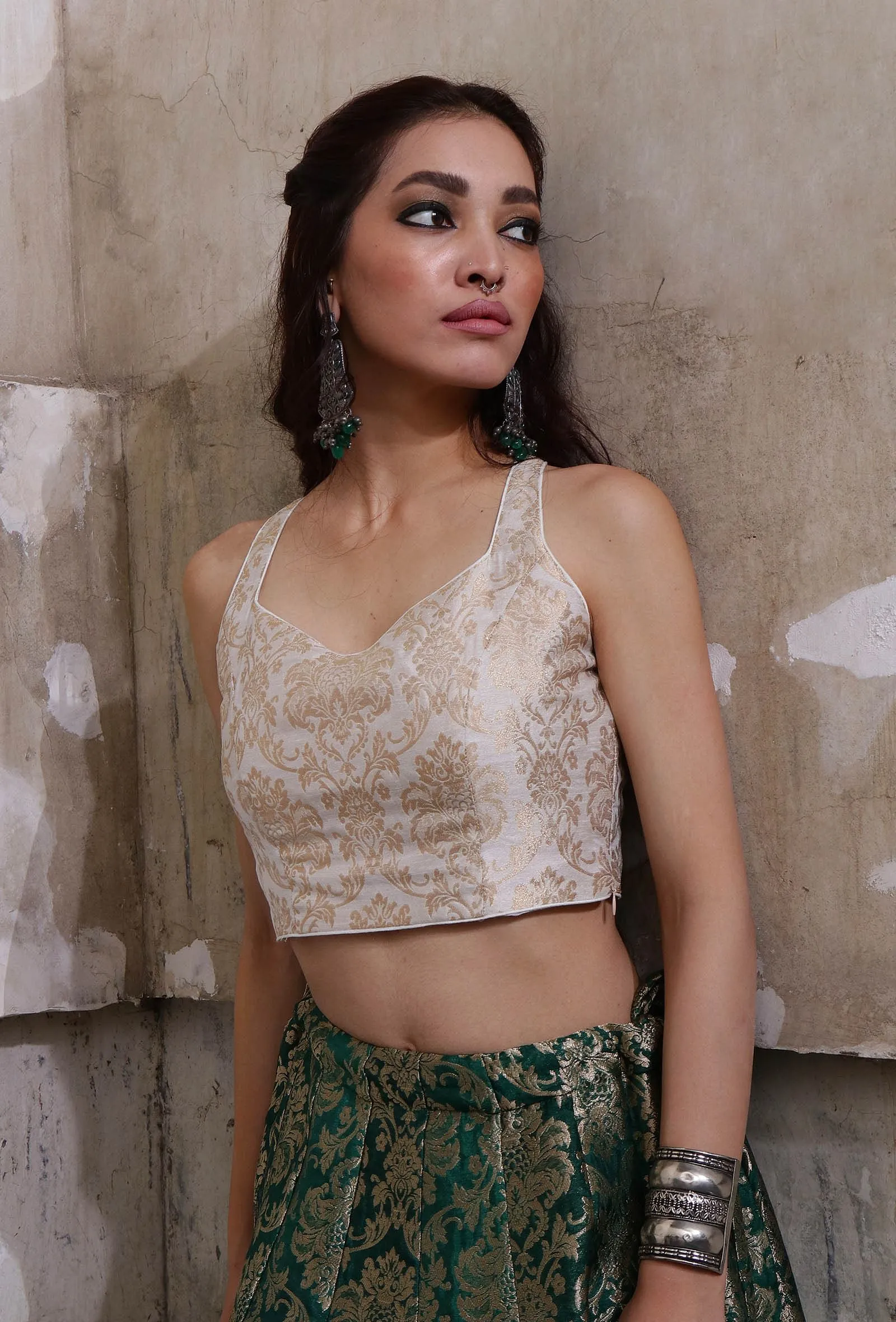 Ivory Banarasi Jacquard Crop Top With Tassels