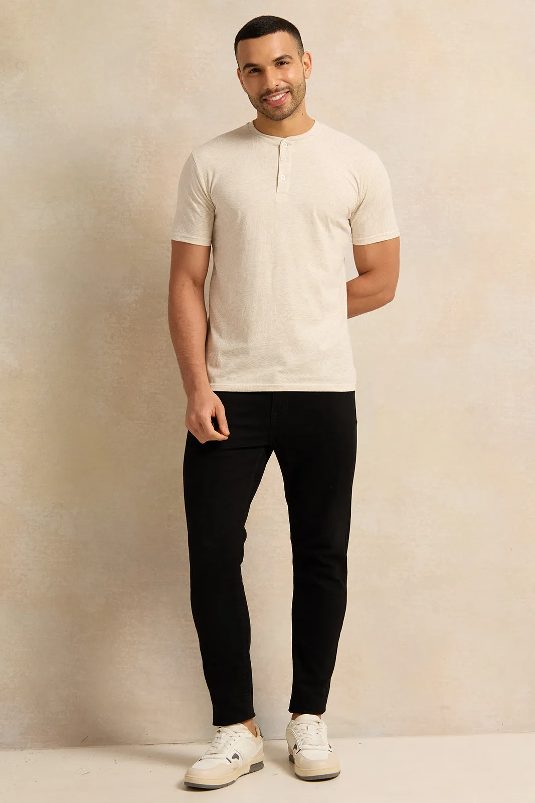 Men Beige Printed Henley T-Shirt