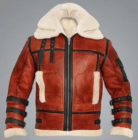 Mens B3 Shearling Sheepskin Bomber Flying Red Jacket