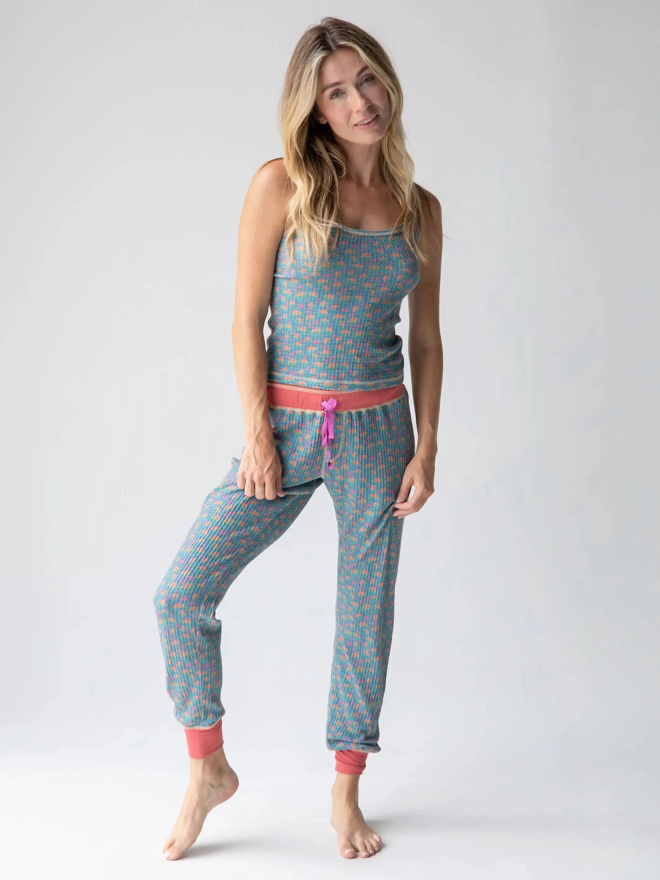 Mix & Match Waffle Long Johns - Bright Turquoise Floral