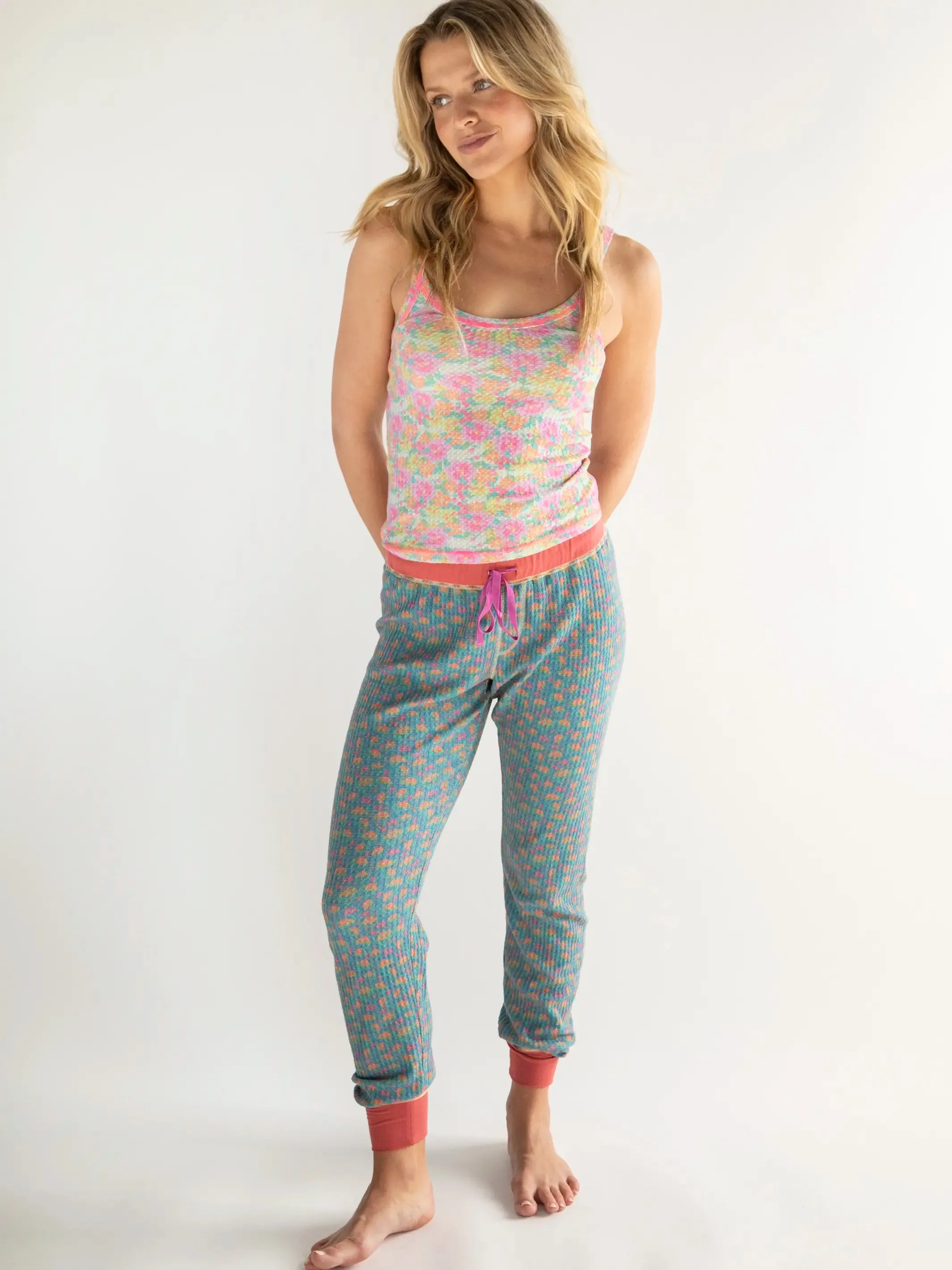 Mix & Match Waffle Long Johns - Bright Turquoise Floral