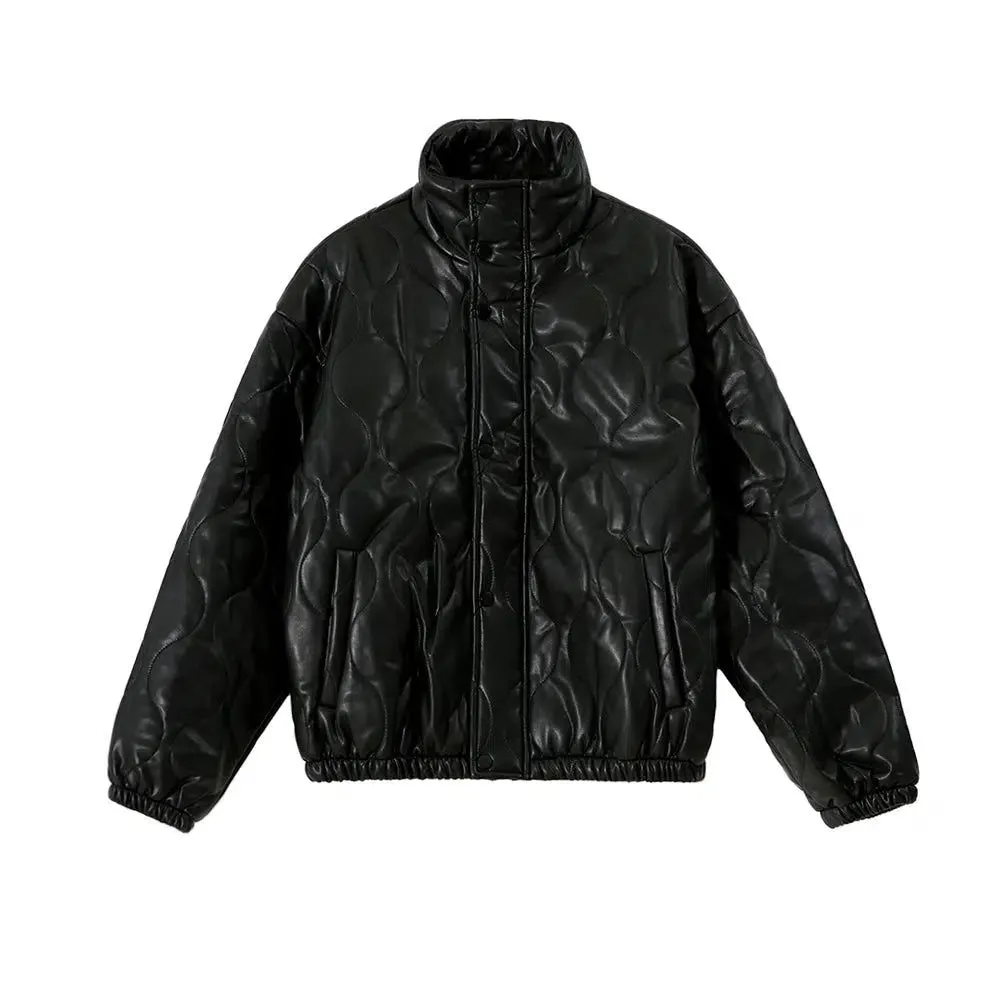 OH Curve Pattern PU Leather Puffer Jacket