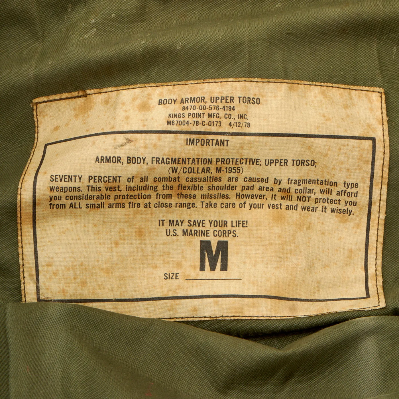 Original U.S. Vietnam War Era U.S.M.C. M-1955 Second Pattern Fragmentation Body Armor Vest - Size Medium