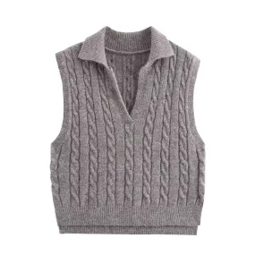 Polo Collared Vest Korean Women Clothing Early Autumn Old Money Twist Knitted