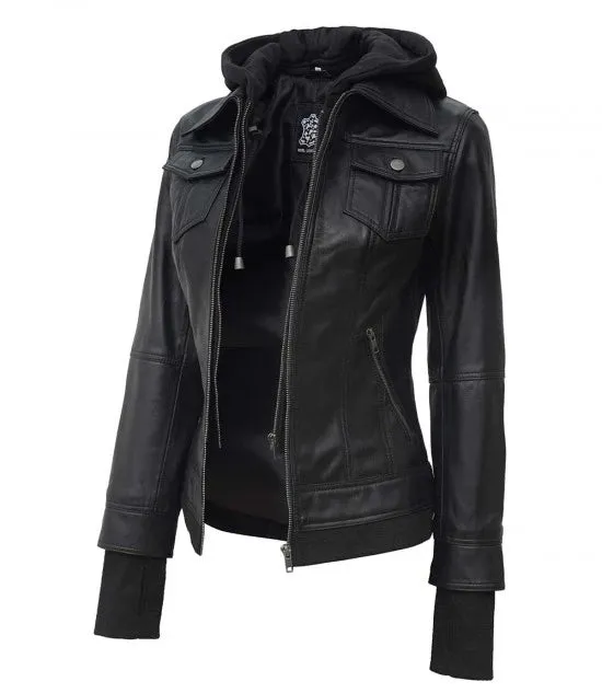 RW Authentic Sheepskin Black Bomber Removeable Hoodie Jacket For Women