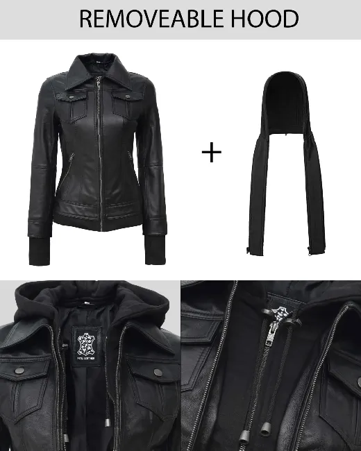 RW Authentic Sheepskin Black Bomber Removeable Hoodie Jacket For Women