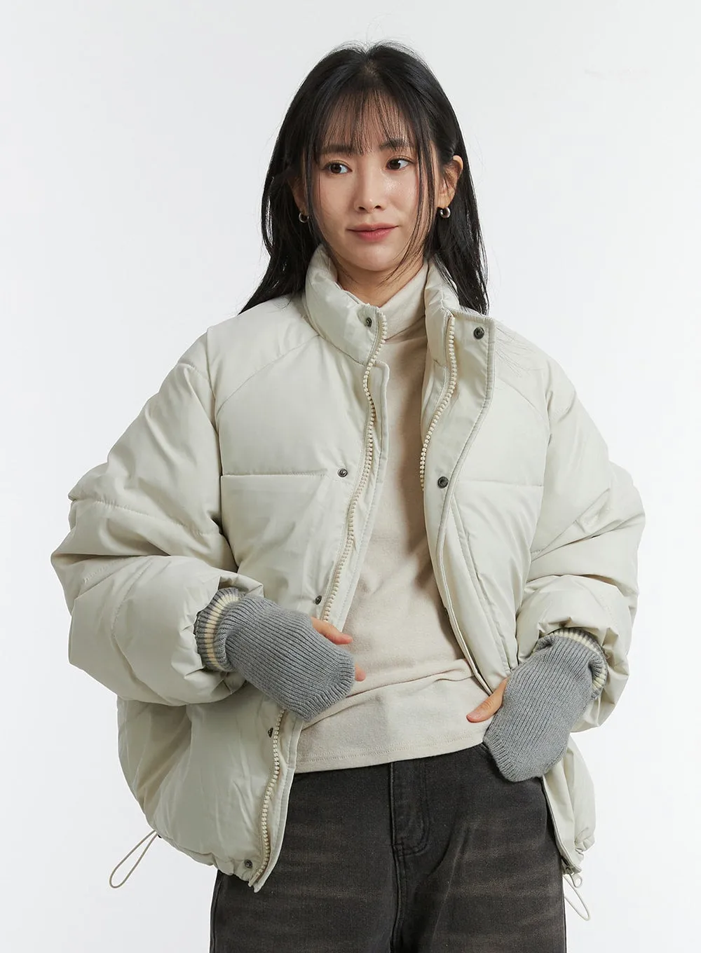 Solid Zip-Up Stand Collar Puffer Jacket OD315