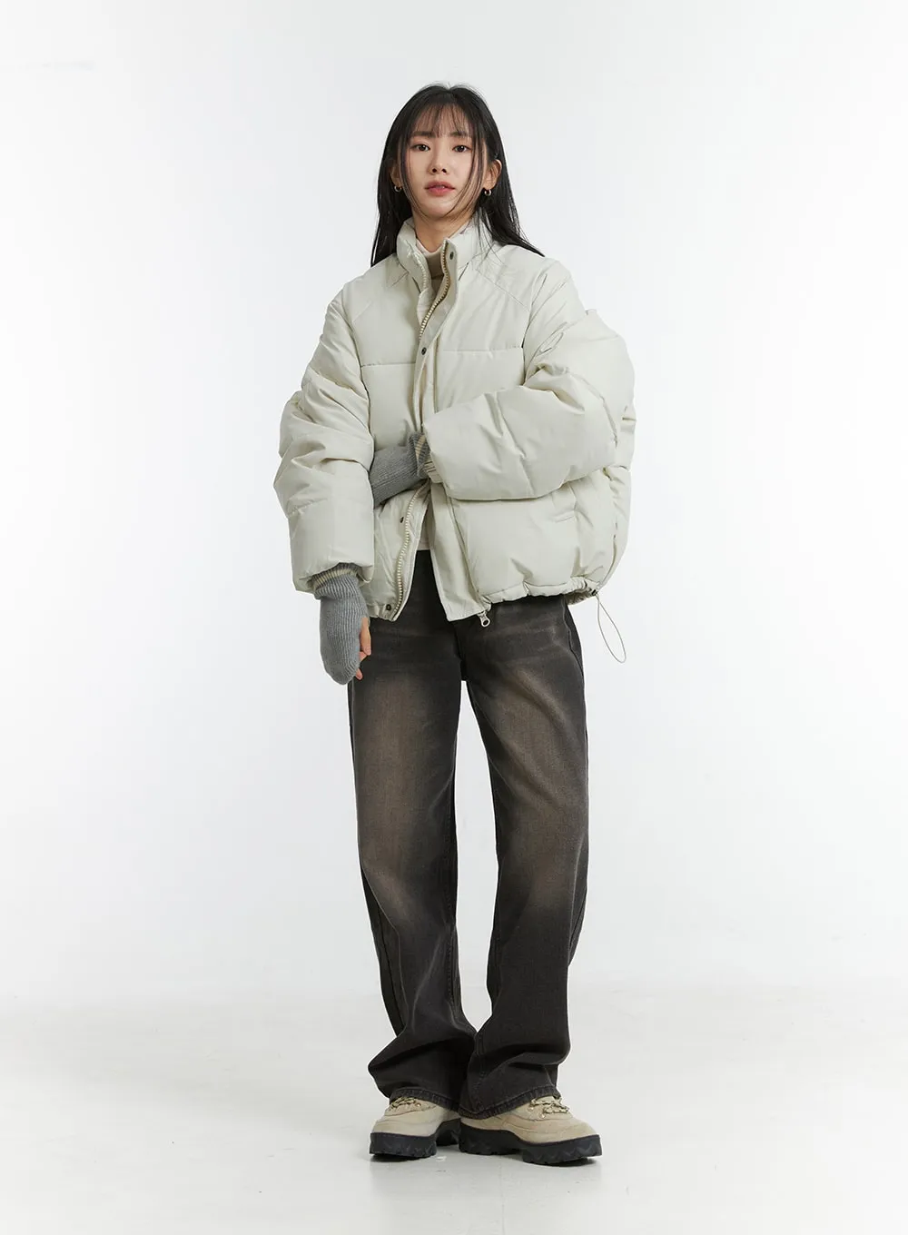 Solid Zip-Up Stand Collar Puffer Jacket OD315