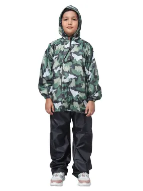 STRAUSS THE CLOWNFISH Comrad Series Kid's Waterproof Nylon Double Coating Reversible Standard Length Raincoat With Hood & Reflector Logo At Back, Top & Bottom Printed Pouch, 11-13 Years(Green Camo)