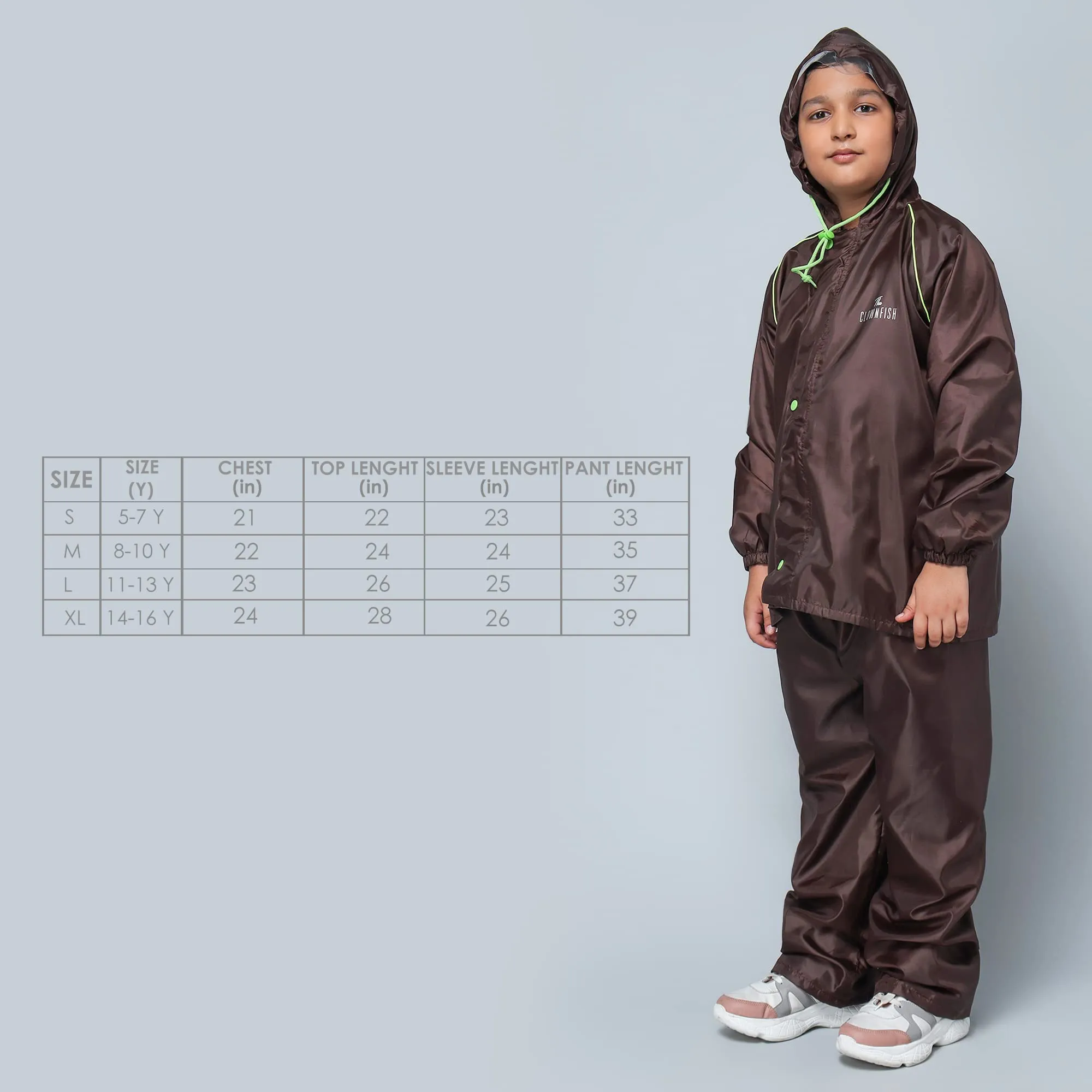 STRAUSS THE CLOWNFISH Duke Series Kid's Waterproof Polyester Double Coating Reversible Standard Length Raincoat With Hood & Reflector At Back Set Of Top & Bottom Printed Pouch, 14-16 Years (Brown)