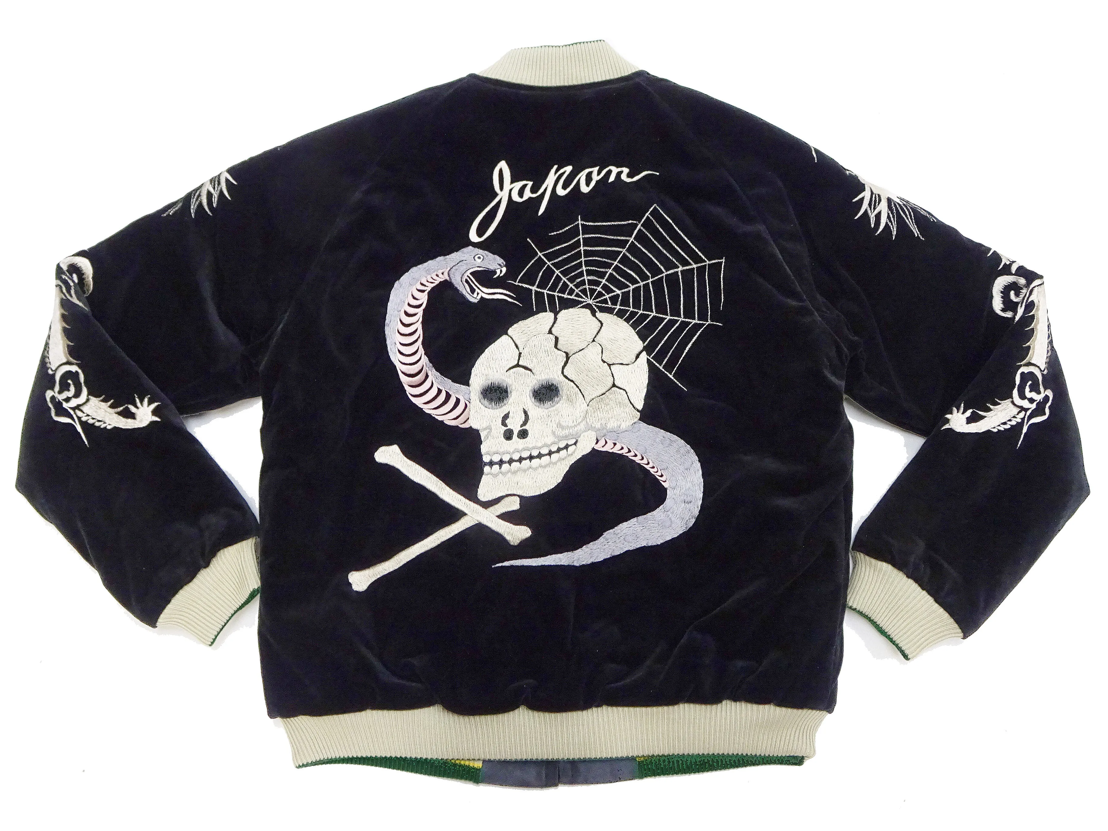 Tailor Toyo Sukajan Jacket TT15666 Men's Reversible Embroidered Japanese Souvenir Jacket with Velvet and Quilted Satin TT15666-119 Black Spiderweb, Snake & Skull