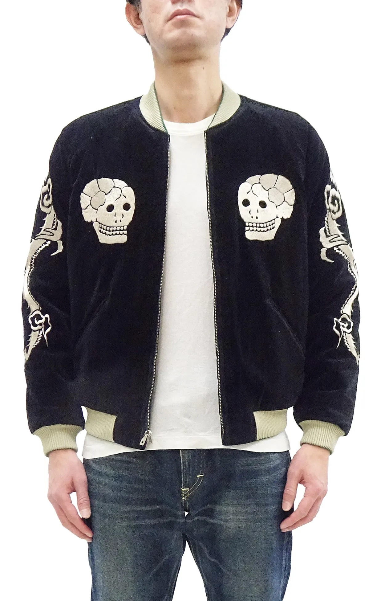 Tailor Toyo Sukajan Jacket TT15666 Men's Reversible Embroidered Japanese Souvenir Jacket with Velvet and Quilted Satin TT15666-119 Black Spiderweb, Snake & Skull