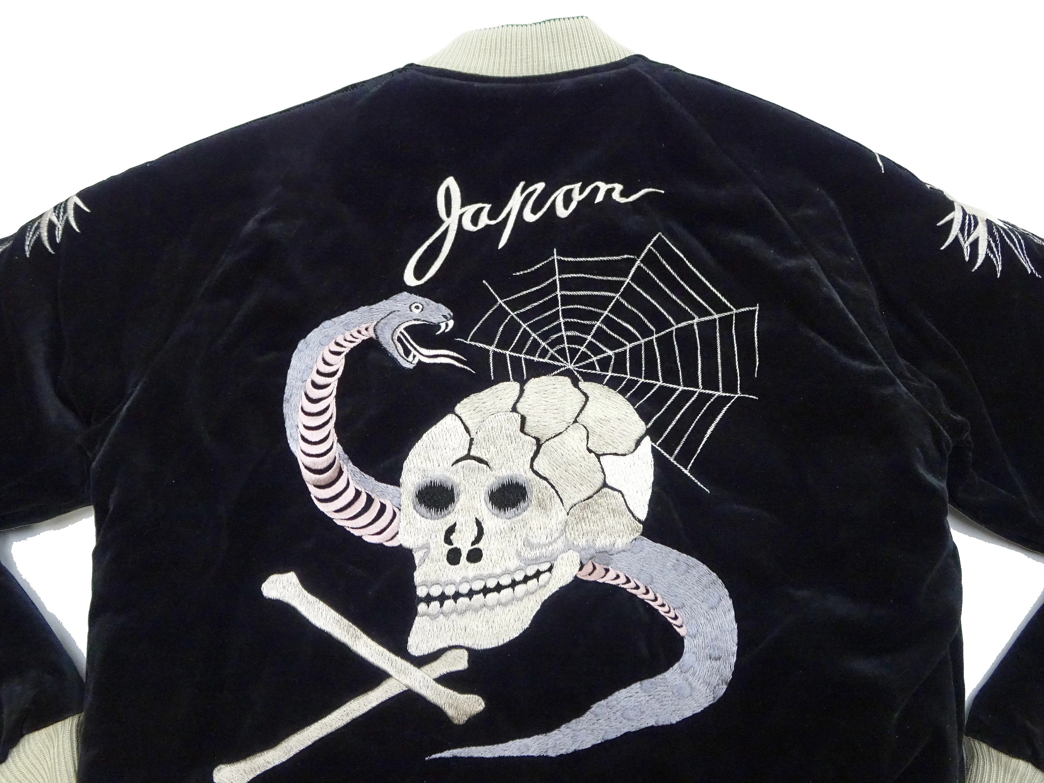 Tailor Toyo Sukajan Jacket TT15666 Men's Reversible Embroidered Japanese Souvenir Jacket with Velvet and Quilted Satin TT15666-119 Black Spiderweb, Snake & Skull