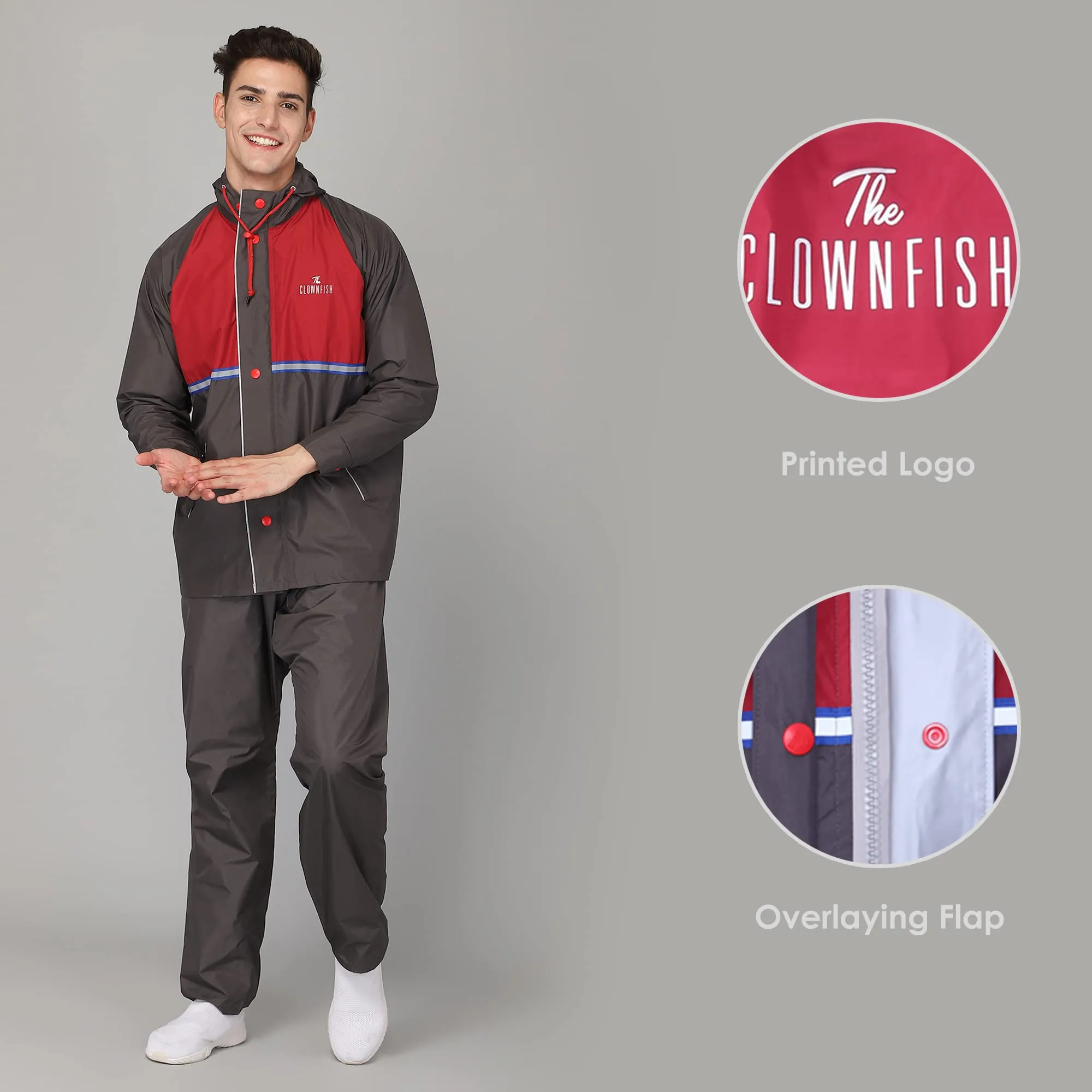 THE CLOWNFISH Christopher Men's Waterproof Polyester Double Coating Reversible Raincoat with Hood. Set of Top and Bottom. Printed Plastic Pouch with Rope (Grey, XX-Large)