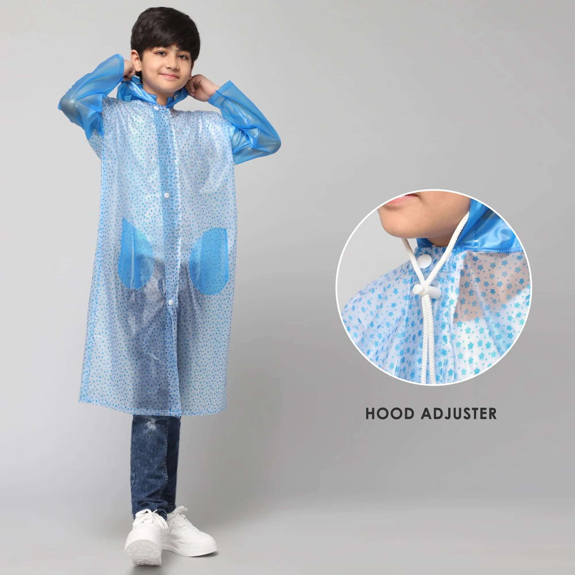 THE CLOWNFISH Drench Dew Series Unisex Kids Waterproof Single Layer PVC Longcoat/Raincoat with Adjustable Hood. Age-3-4 Years (Sky blue)