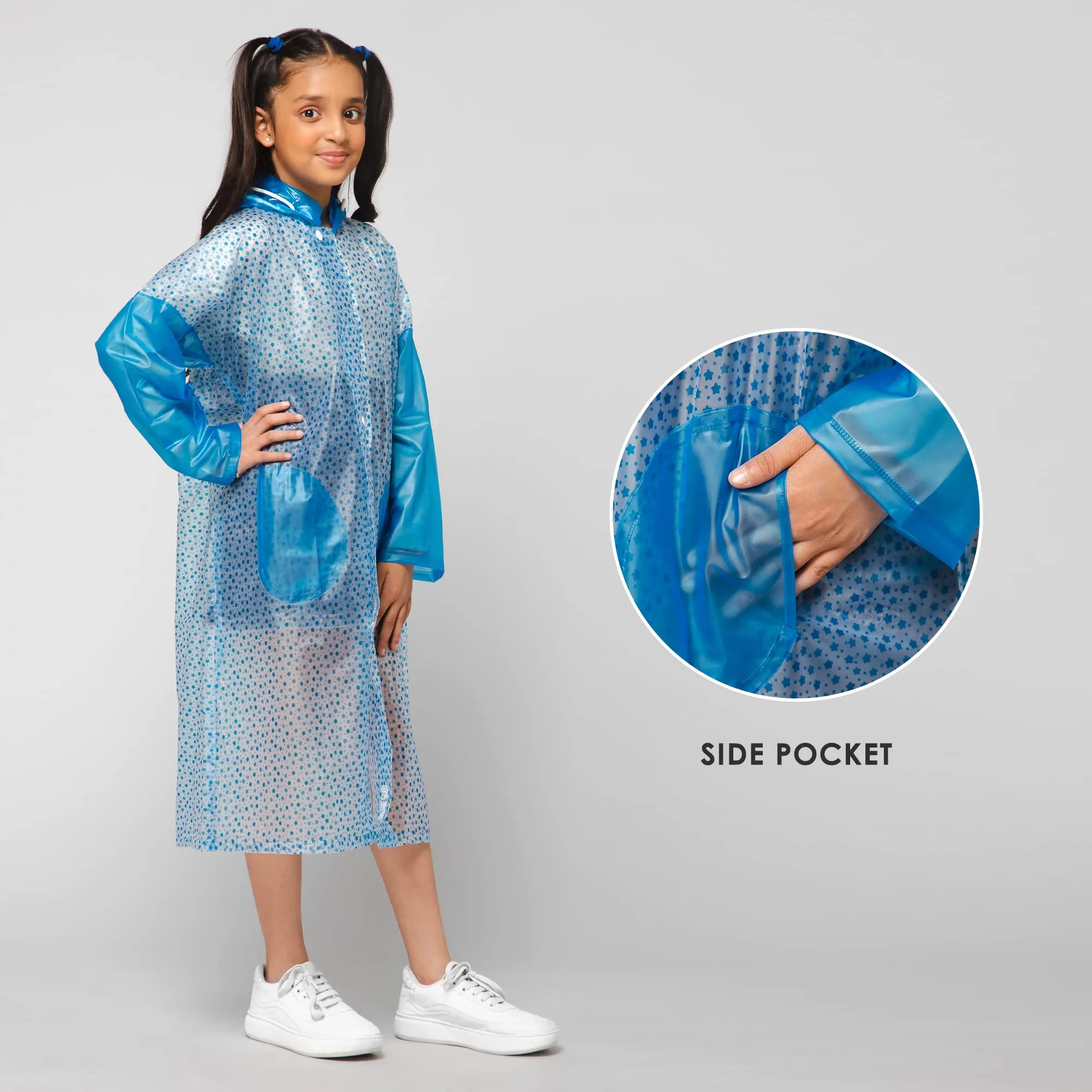 THE CLOWNFISH Drench Dew Series Unisex Kids Waterproof Single Layer PVC Longcoat/Raincoat with Adjustable Hood. Age-3-4 Years (Sky blue)