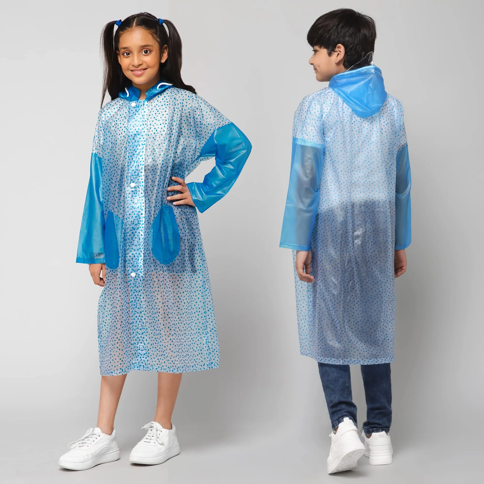 THE CLOWNFISH Drench Dew Series Unisex Kids Waterproof Single Layer PVC Longcoat/Raincoat with Adjustable Hood. Age-3-4 Years (Sky blue)