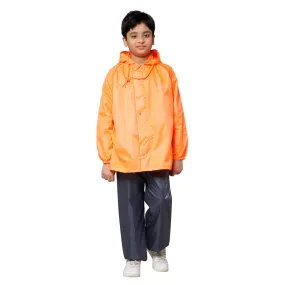 THE CLOWNFISH Duke Series Kids Waterproof Polyester Double Coating Reversible Raincoat with Hood and Reflector Logo at Back. Set of Top and Bottom. Printed Plastic Pouch. Kid Age-8-10 years (Orange)