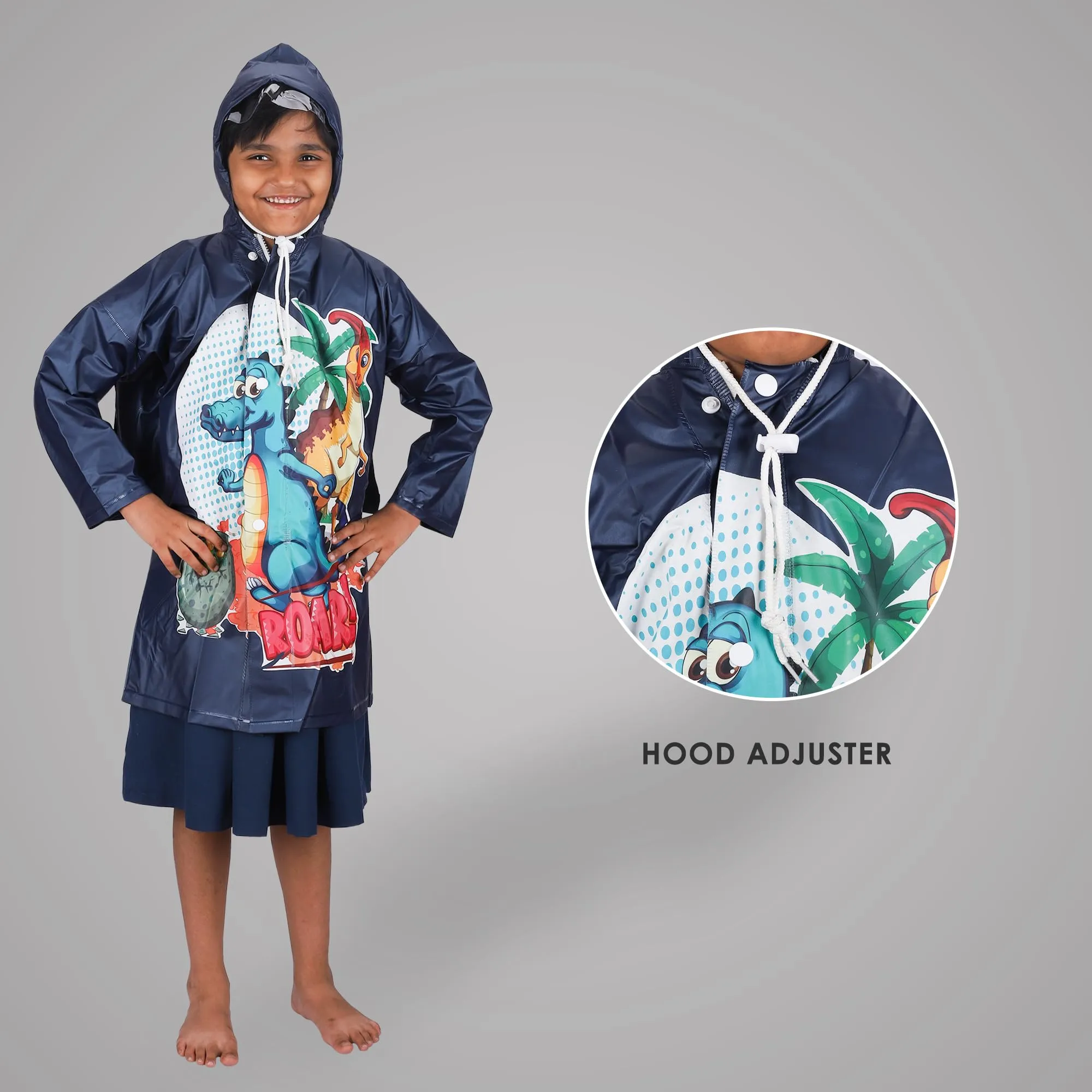 THE CLOWNFISH Men Toon Caper Series Kids Waterproof Pvc Full Length Longcoat With Adjustable Hood & Extra Space For Backpack/Schoolbag Holding. Printed Plastic Pouch. Kid Age-5-6 Years (MidnightBlue)