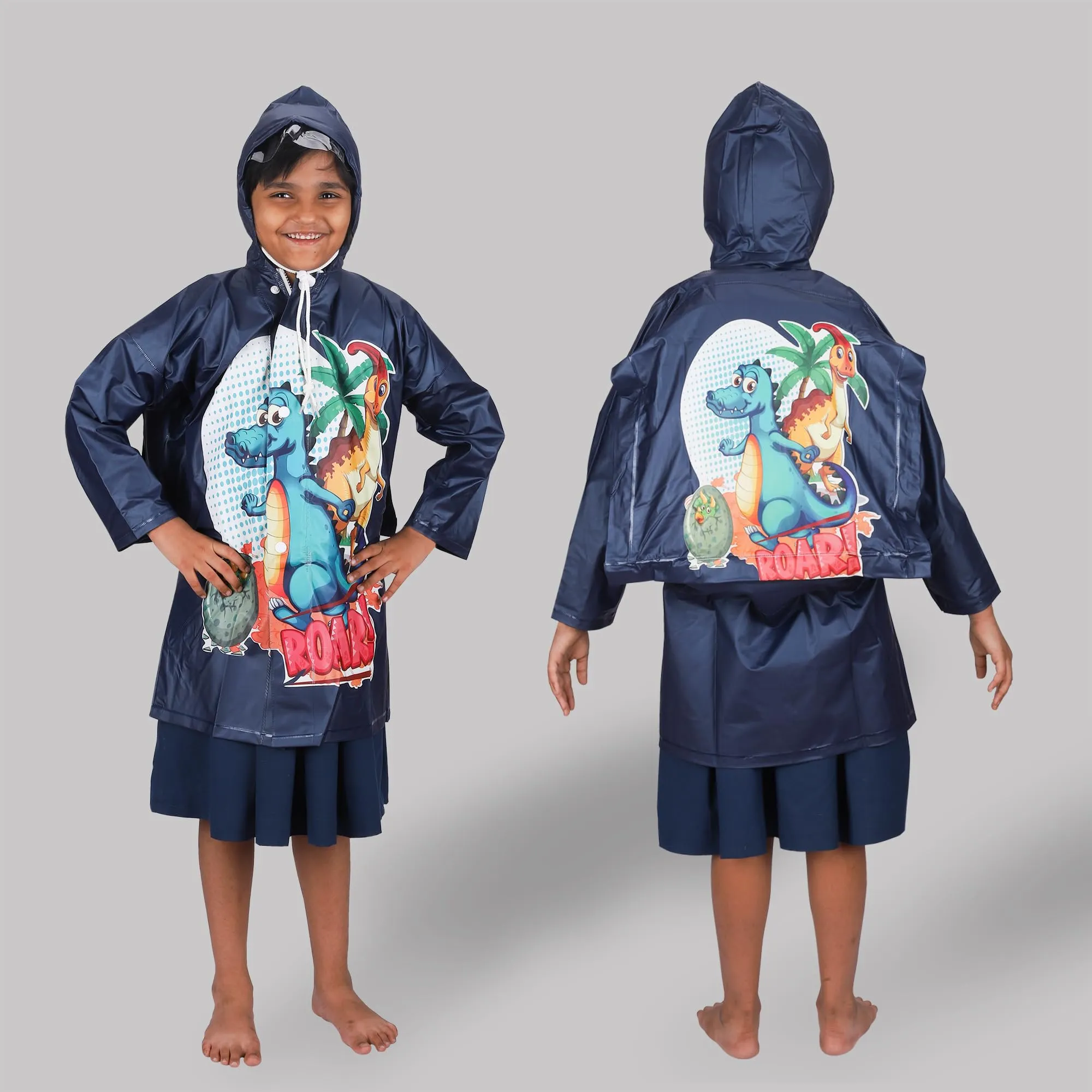 THE CLOWNFISH Men Toon Caper Series Kids Waterproof Pvc Full Length Longcoat With Adjustable Hood & Extra Space For Backpack/Schoolbag Holding. Printed Plastic Pouch. Kid Age-5-6 Years (MidnightBlue)