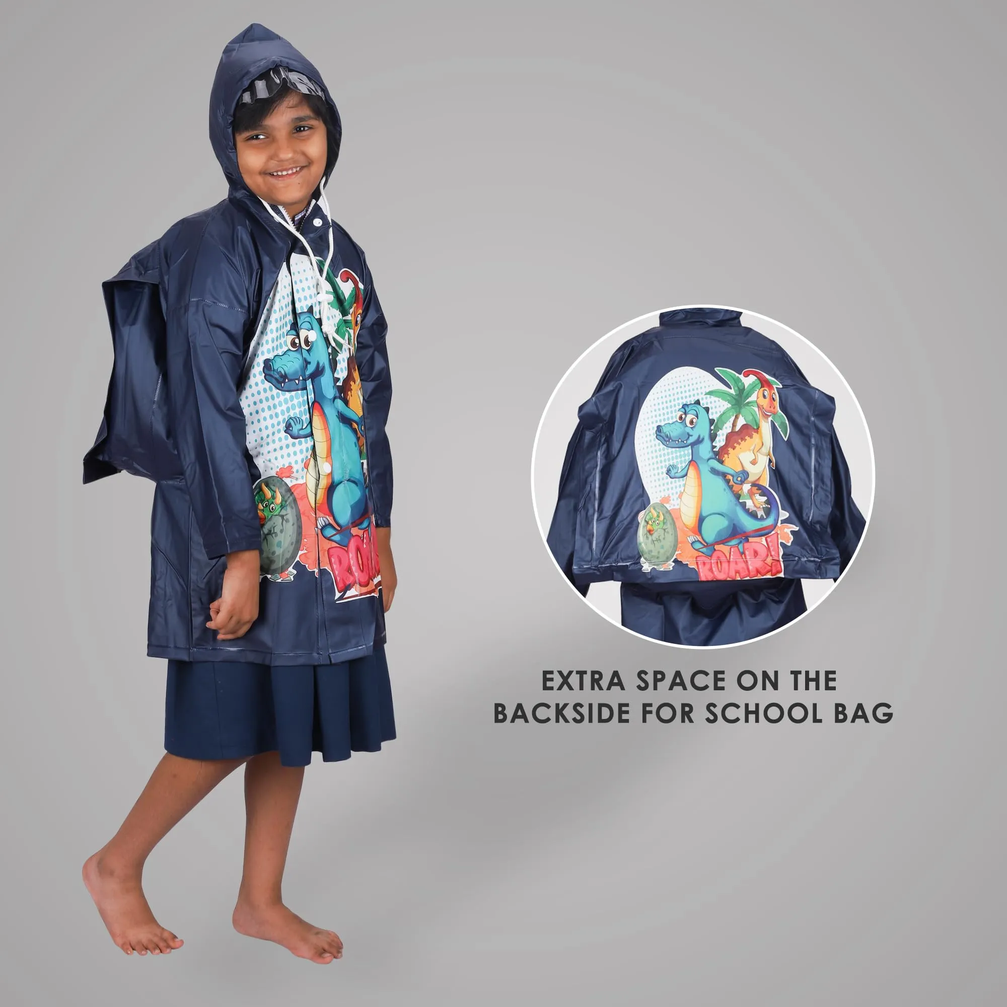 THE CLOWNFISH Men Toon Caper Series Kids Waterproof Pvc Full Length Longcoat With Adjustable Hood & Extra Space For Backpack/Schoolbag Holding. Printed Plastic Pouch. Kid Age-5-6 Years (MidnightBlue)