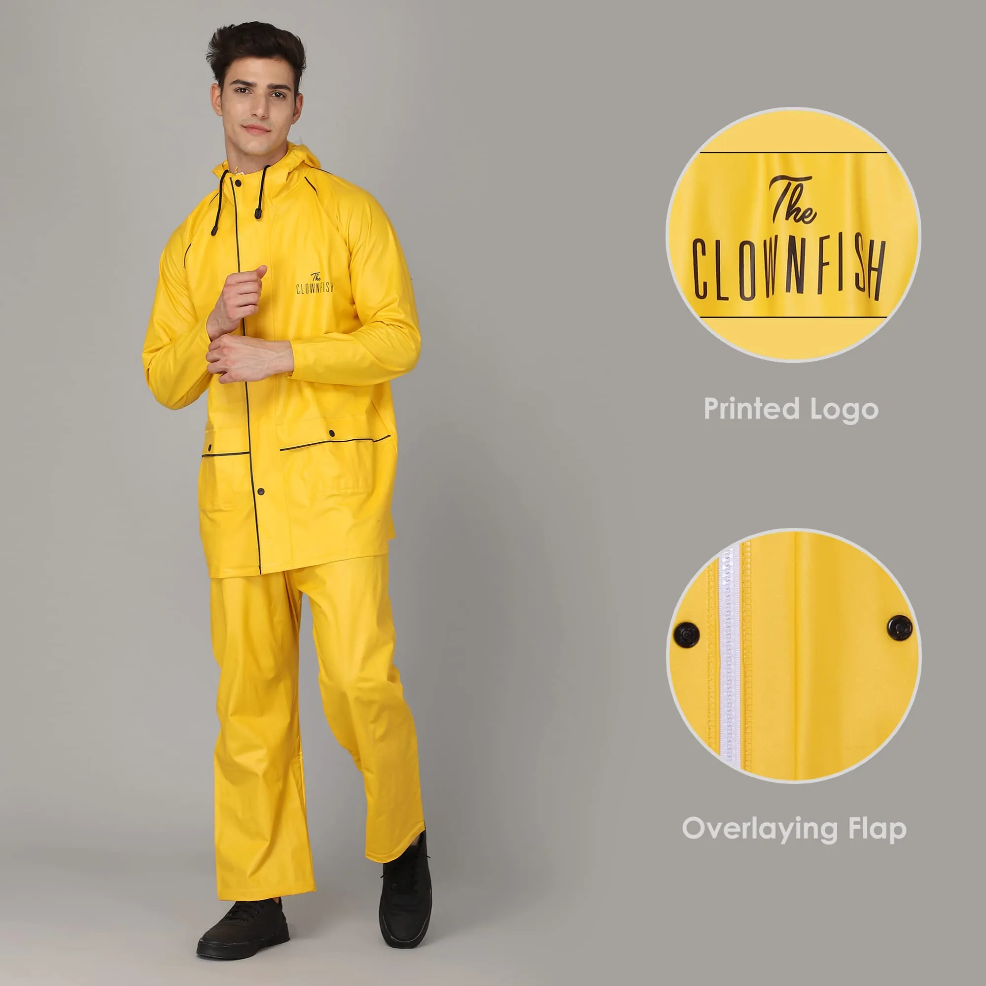 THE CLOWNFISH Oceanic Men's Waterproof PVC Raincoat with Hood and Reflector Logo at Back for Night Travelling. Set of Top and Bottom (Blue, XL)