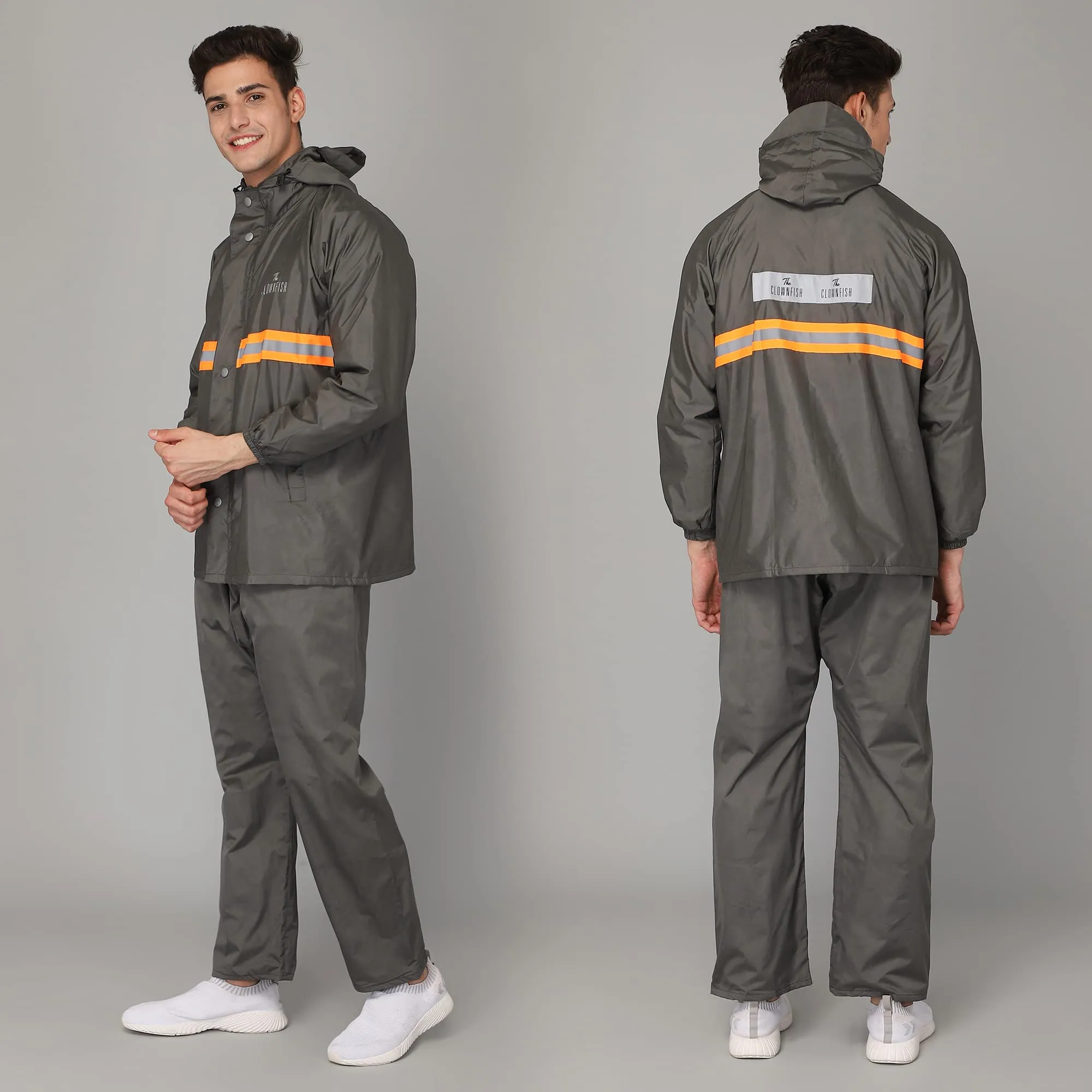 THE CLOWNFISH Philip Series Men's Waterproof Polyester Double Coating Reversible Raincoat with Hood and Reflector Logo at Back. Set of Top and Bottom. Printed Plastic Pouch with Rope (Grey, Large)