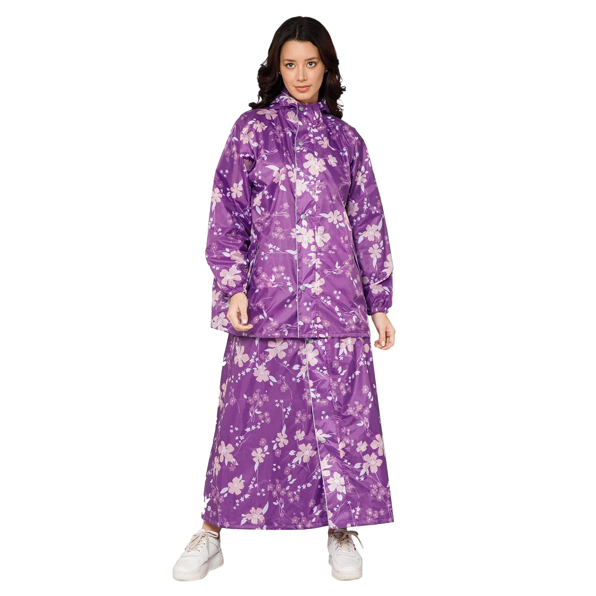 THE CLOWNFISH Polyester Waterproof Rain Coat For Women Skirt and Top Raincoat With Adjustable Hood and Front Pockets Rain Glam Series (Purple Floral, X-Large)