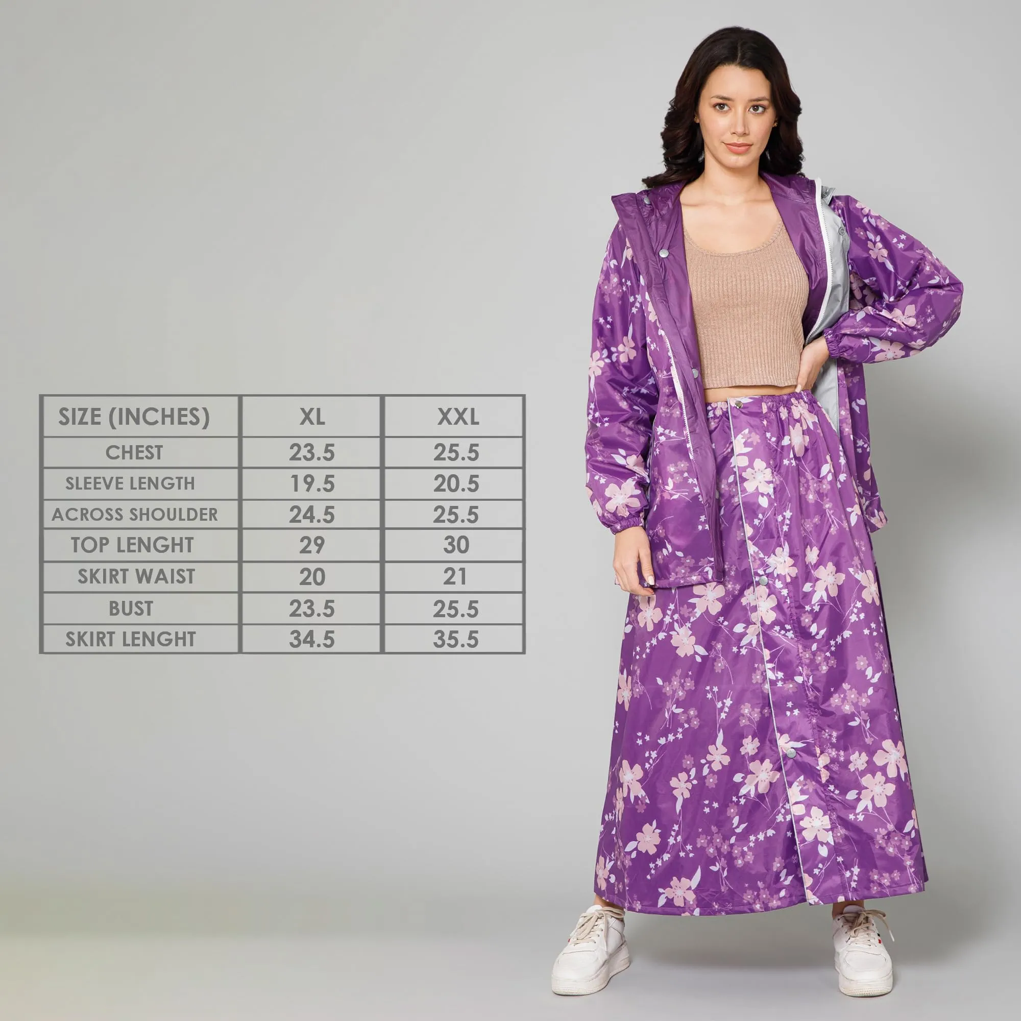 THE CLOWNFISH Polyester Waterproof Rain Coat For Women Skirt and Top Raincoat With Adjustable Hood and Front Pockets Rain Glam Series (Purple Floral, X-Large)