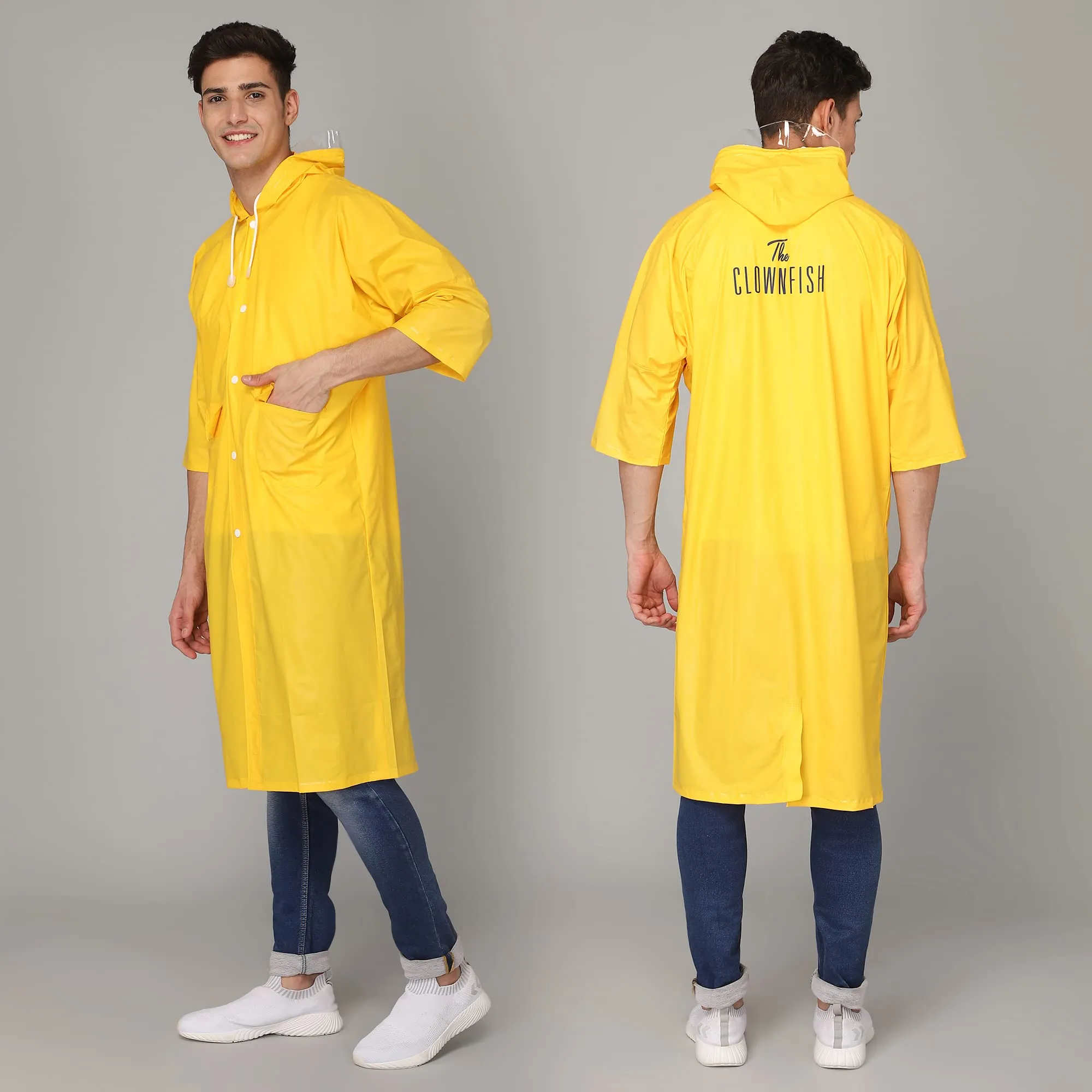 THE CLOWNFISH Raincoat for Men and Women Waterproof PVC Material Longcoat with Adjustable Hood Agro Pro Series (Yellow, Free Size)