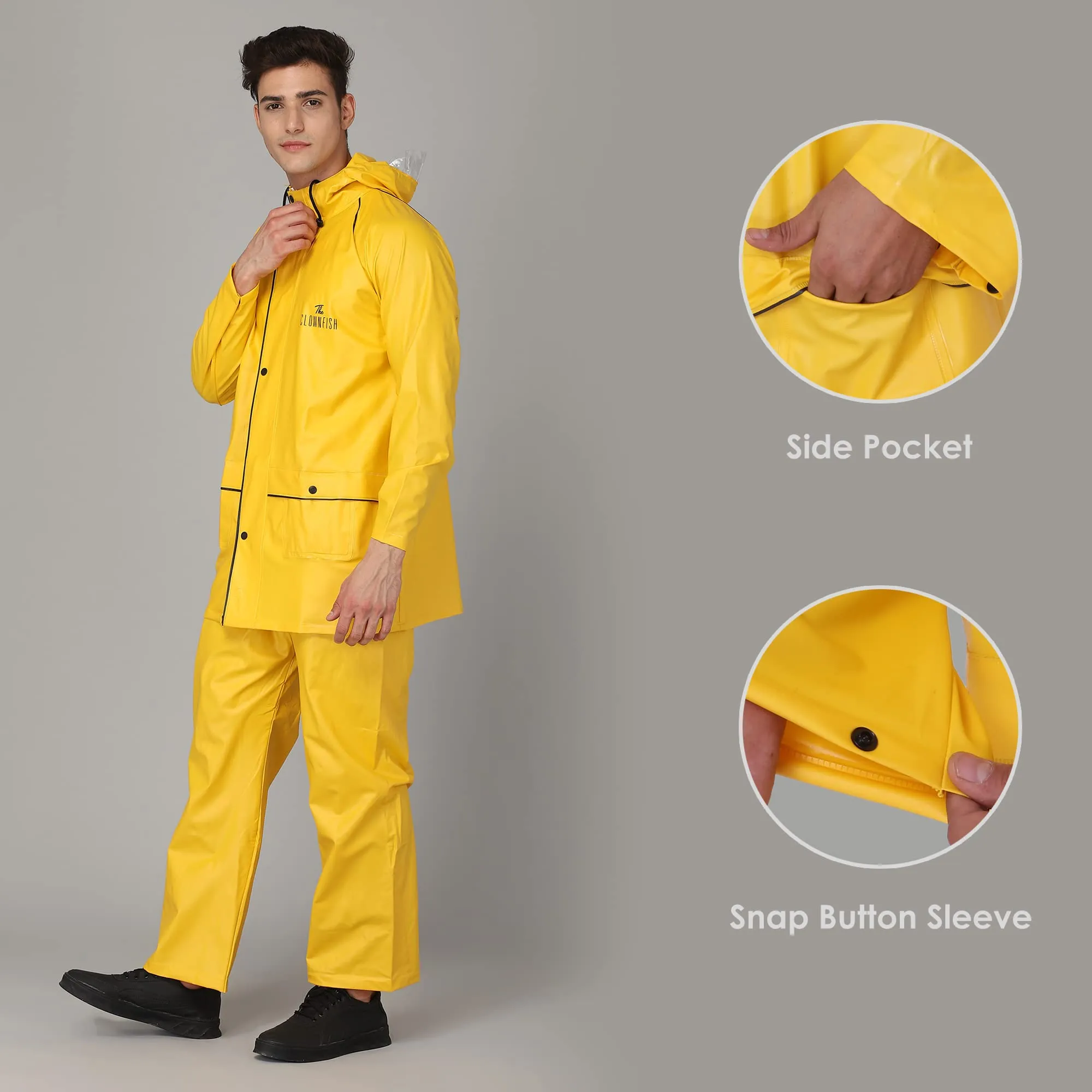 THE CLOWNFISH Roberto Series PVC Rain Coat for Men Waterproof for Bike With Hood Raincoat for Men Set of Top and Bottom Packed in a Matching Storage Bag (Yellow With Black Piping, Large)