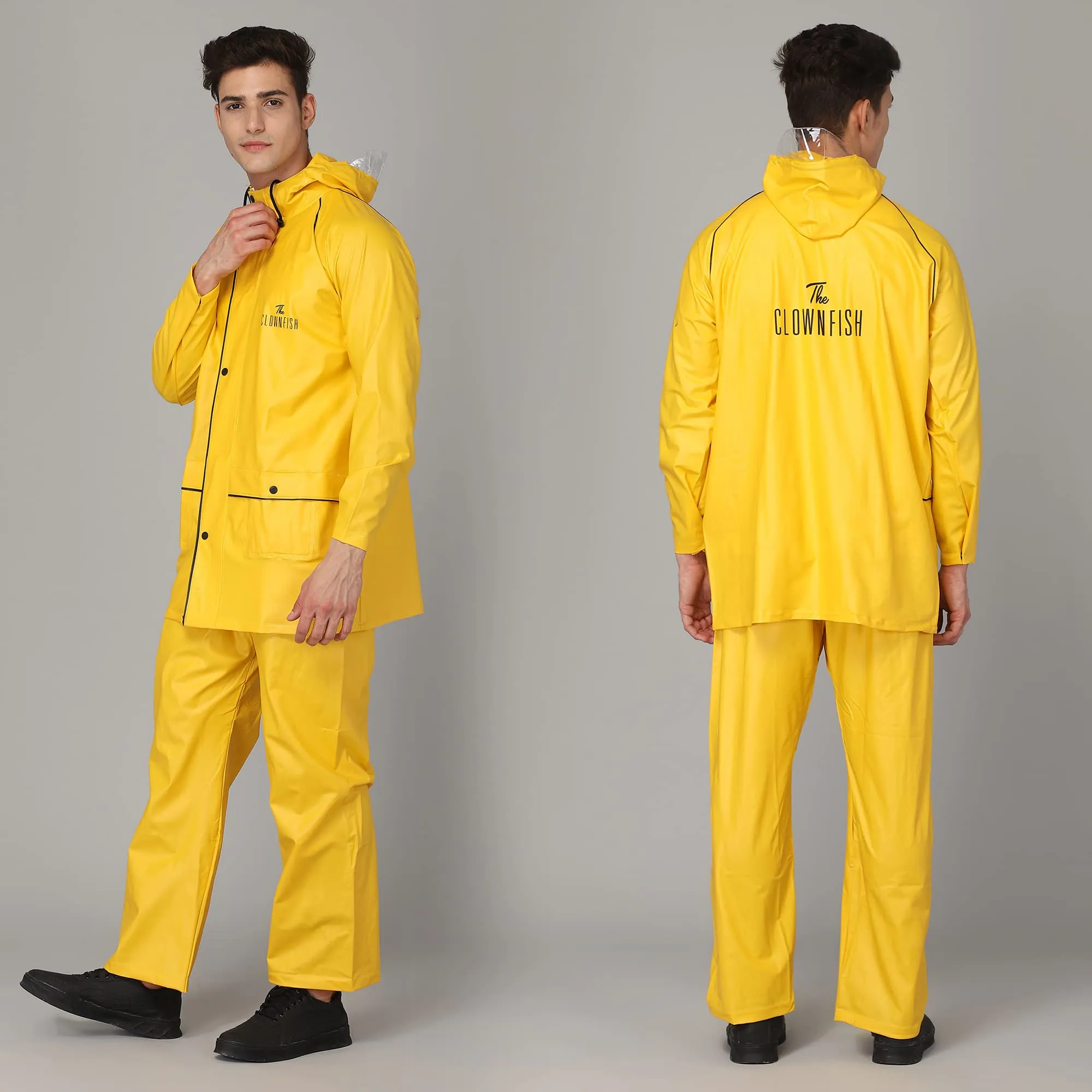 THE CLOWNFISH Roberto Series PVC Rain Coat for Men Waterproof for Bike With Hood Raincoat for Men Set of Top and Bottom Packed in a Matching Storage Bag (Yellow With Black Piping, Large)