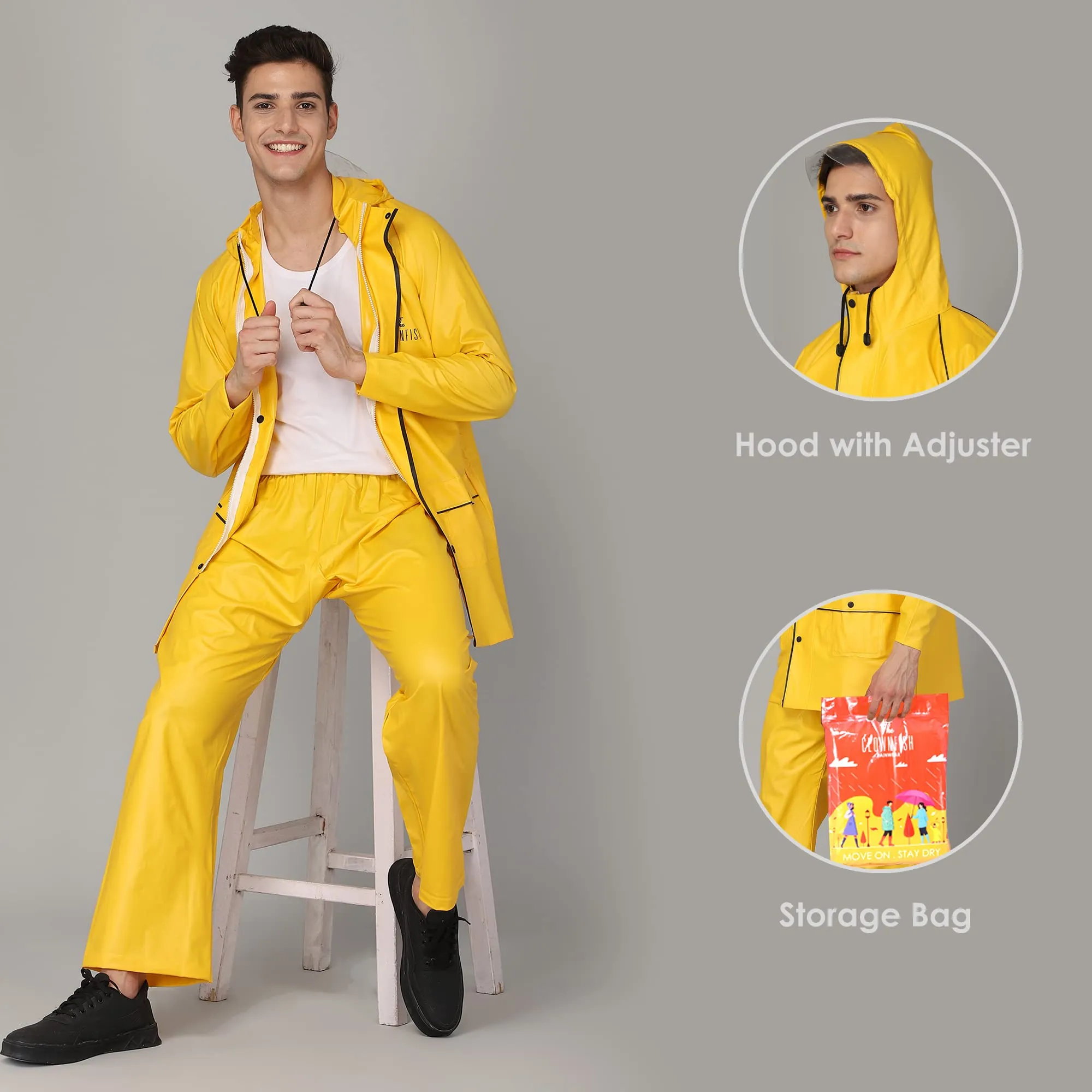 THE CLOWNFISH Roberto Series PVC Rain Coat for Men Waterproof for Bike With Hood Raincoat for Men Set of Top and Bottom Packed in a Matching Storage Bag (Yellow With Black Piping, Large)