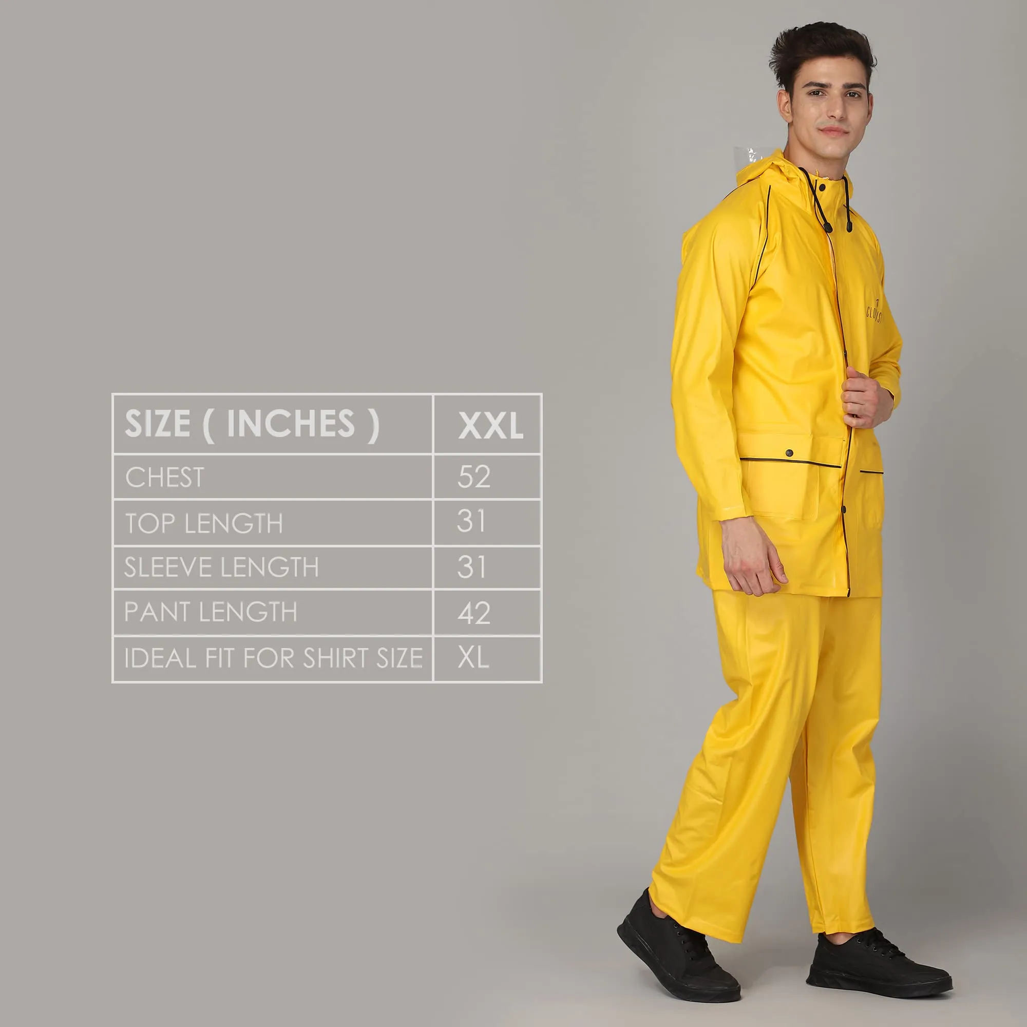 THE CLOWNFISH Roberto Series PVC Rain Coat for Men Waterproof for Bike With Hood Raincoat for Men Set of Top and Bottom Packed in a Matching Storage Bag (Yellow With Black Piping, Large)