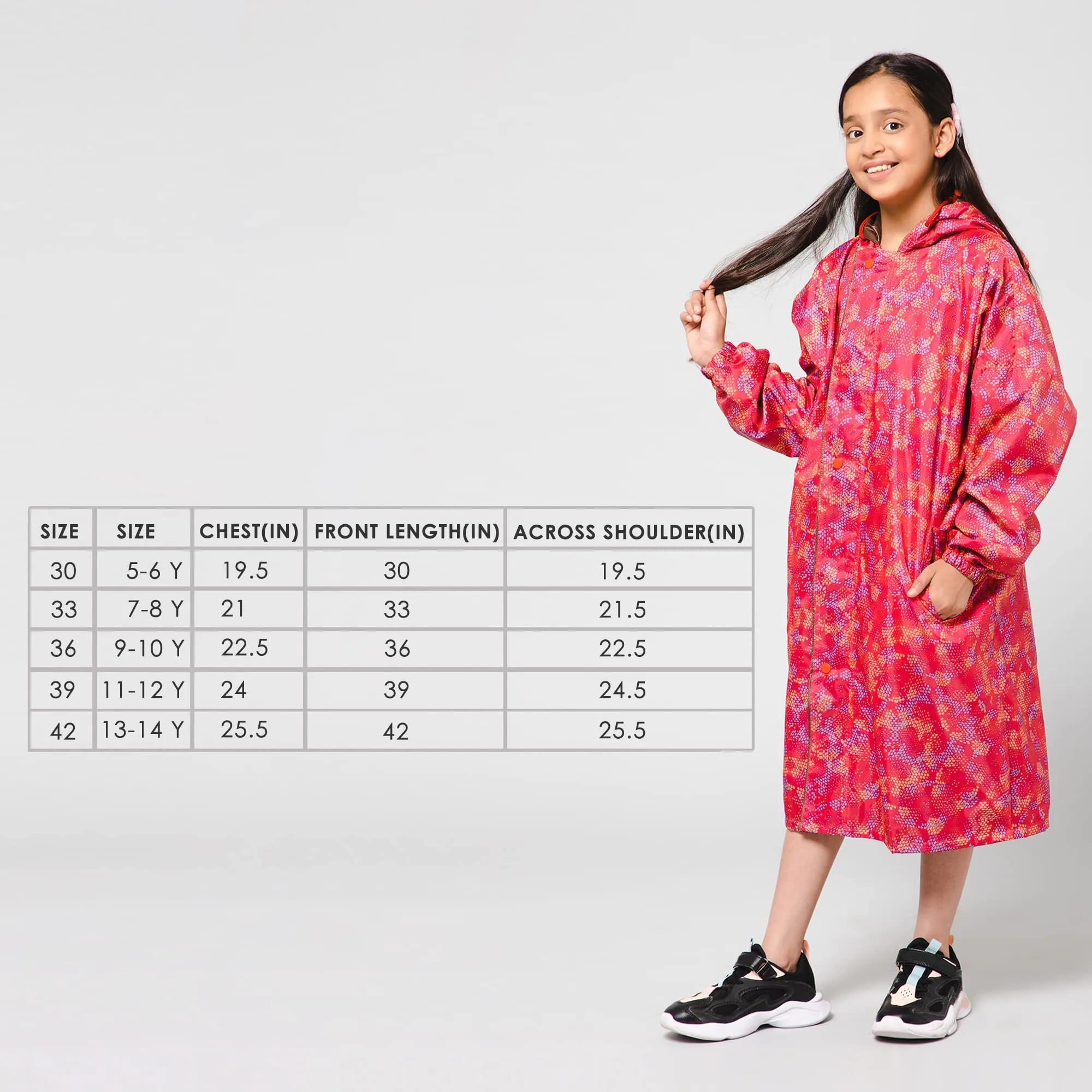 THE CLOWNFISH Splash Squad Series Kids Raincoat Waterproof Polyester Double Coating Reversible Longcoat with Hood and Reflector Logo at Back. Printed Plastic Pouch. Kid Age-13-14 years (Rose Red)