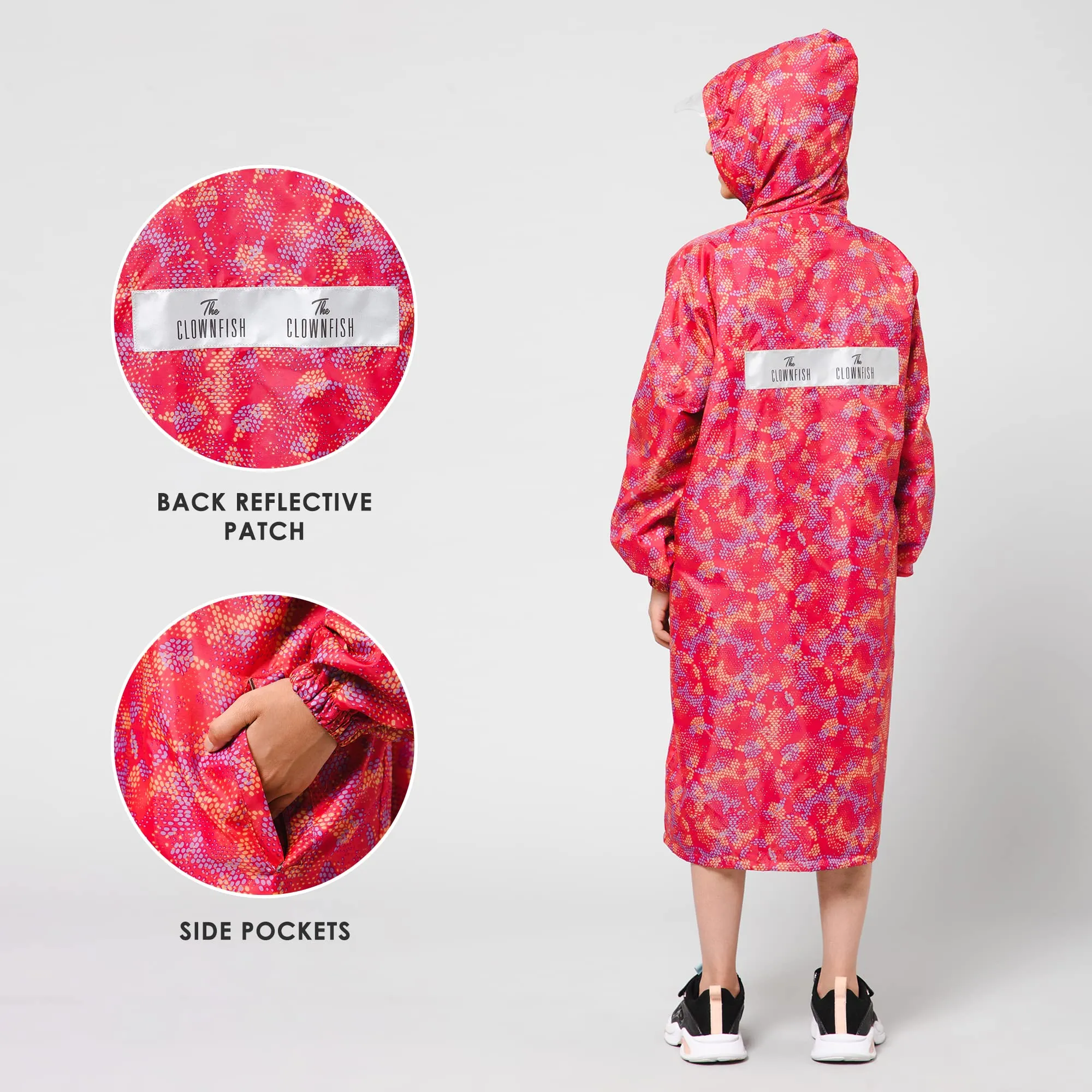 THE CLOWNFISH Splash Squad Series Kids Raincoat Waterproof Polyester Double Coating Reversible Longcoat with Hood and Reflector Logo at Back. Printed Plastic Pouch. Kid Age-13-14 years (Rose Red)