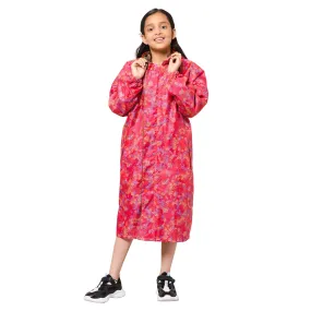 THE CLOWNFISH Splash Squad Series Kids Raincoat Waterproof Polyester Double Coating Reversible Longcoat with Hood and Reflector Logo at Back. Printed Plastic Pouch. Kid Age-13-14 years (Rose Red)