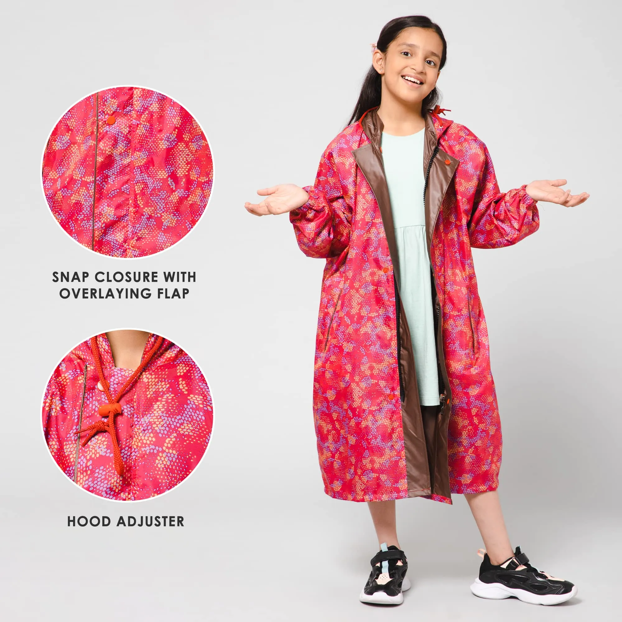 THE CLOWNFISH Splash Squad Series Kids Raincoat Waterproof Polyester Double Coating Reversible Longcoat with Hood and Reflector Logo at Back. Printed Plastic Pouch. Kid Age-13-14 years (Rose Red)