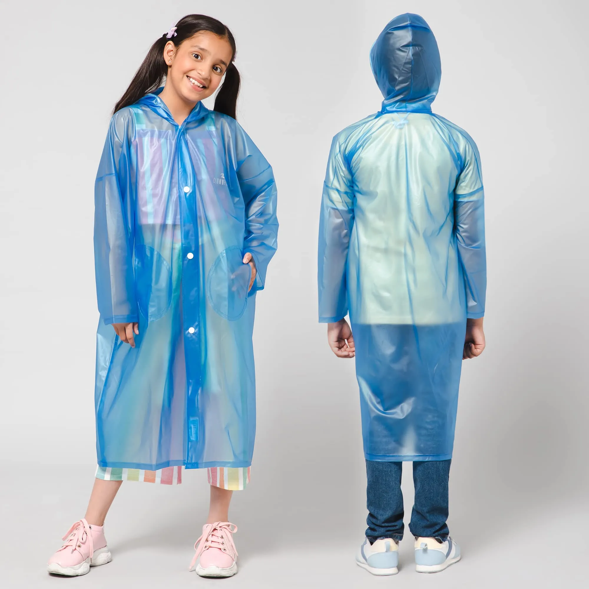 THE CLOWNFISH Storm Shield Series Unisex Kids Waterproof Single Layer PVC Longcoat/Raincoat with Adjustable Hood. Age-13-14 Years (Dark Blue)