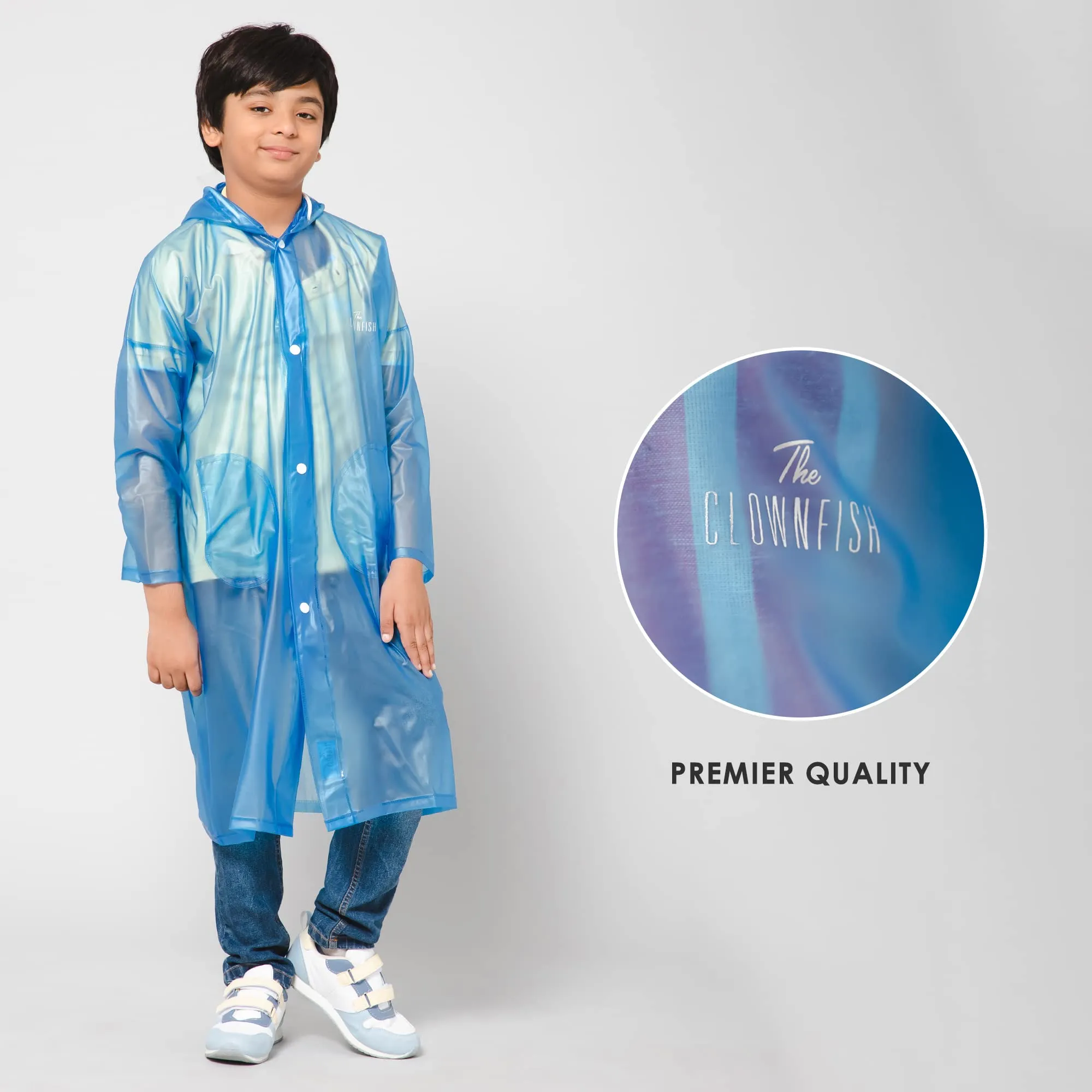 THE CLOWNFISH Storm Shield Series Unisex Kids Waterproof Single Layer PVC Longcoat/Raincoat with Adjustable Hood. Age-13-14 Years (Dark Blue)