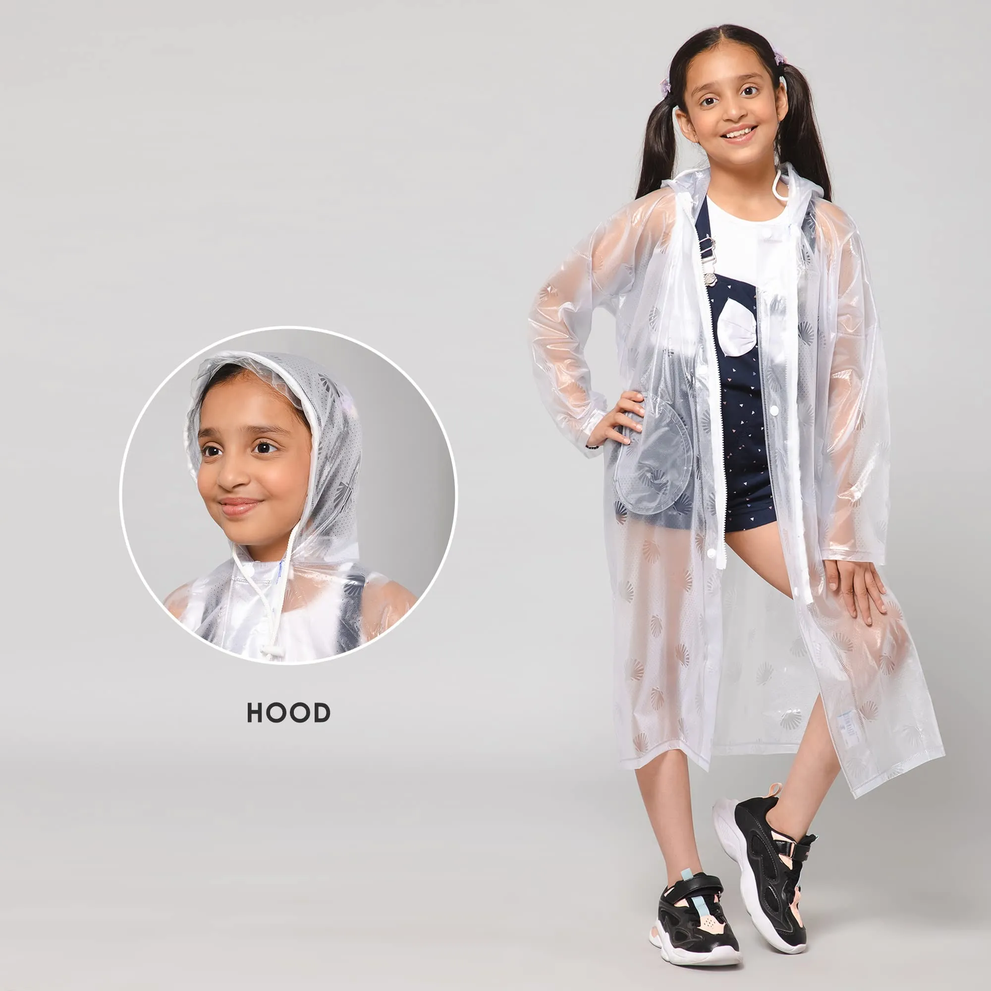 THE CLOWNFISH Storm Shield Series Unisex Kids Waterproof Single Layer PVC Longcoat/Raincoat with Adjustable Hood. Age-9-10 Years (Transparent White)